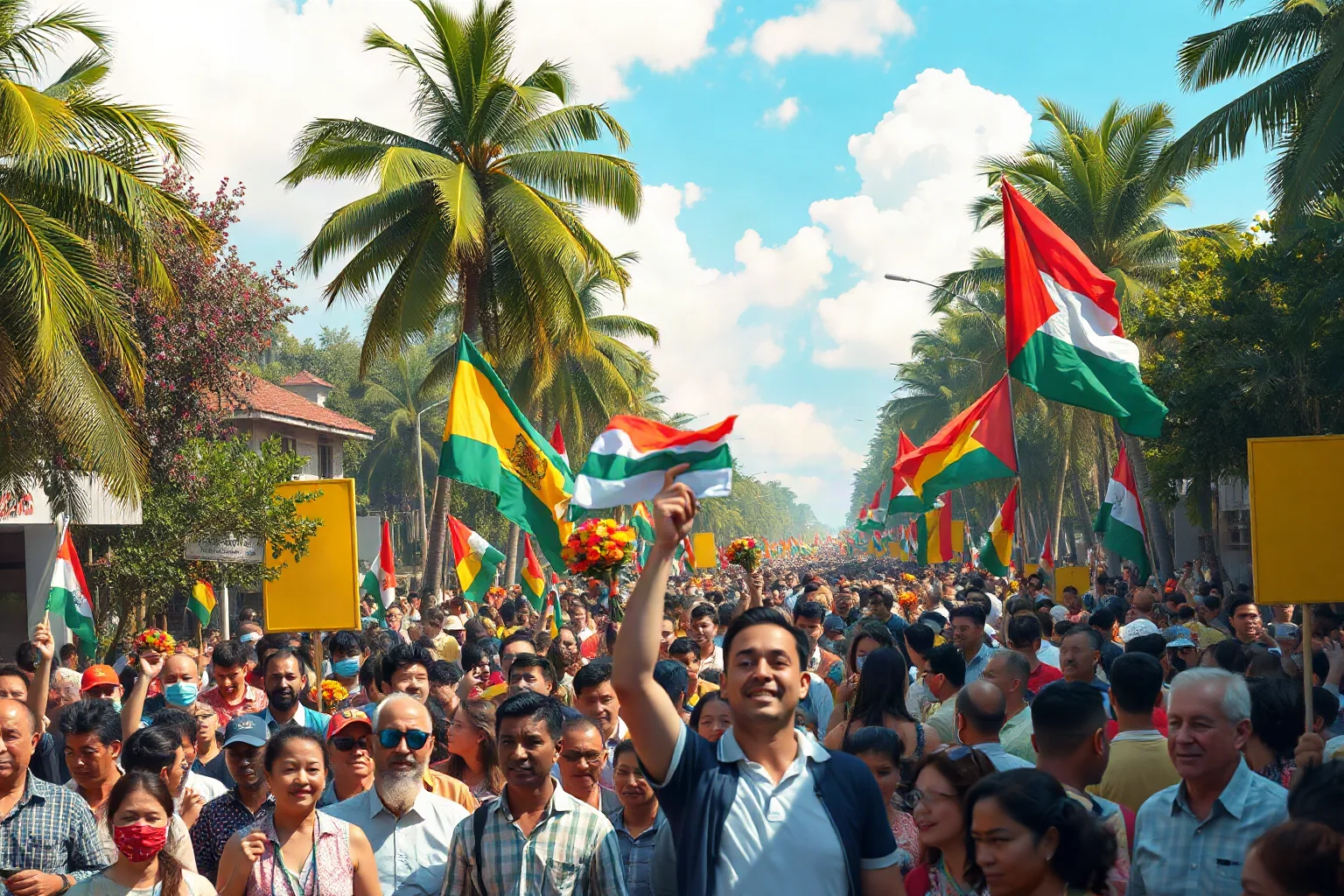 Massive crowd filling a wide tropical avenue holding flowers and flags, celebratory atmosphere, illustrative style