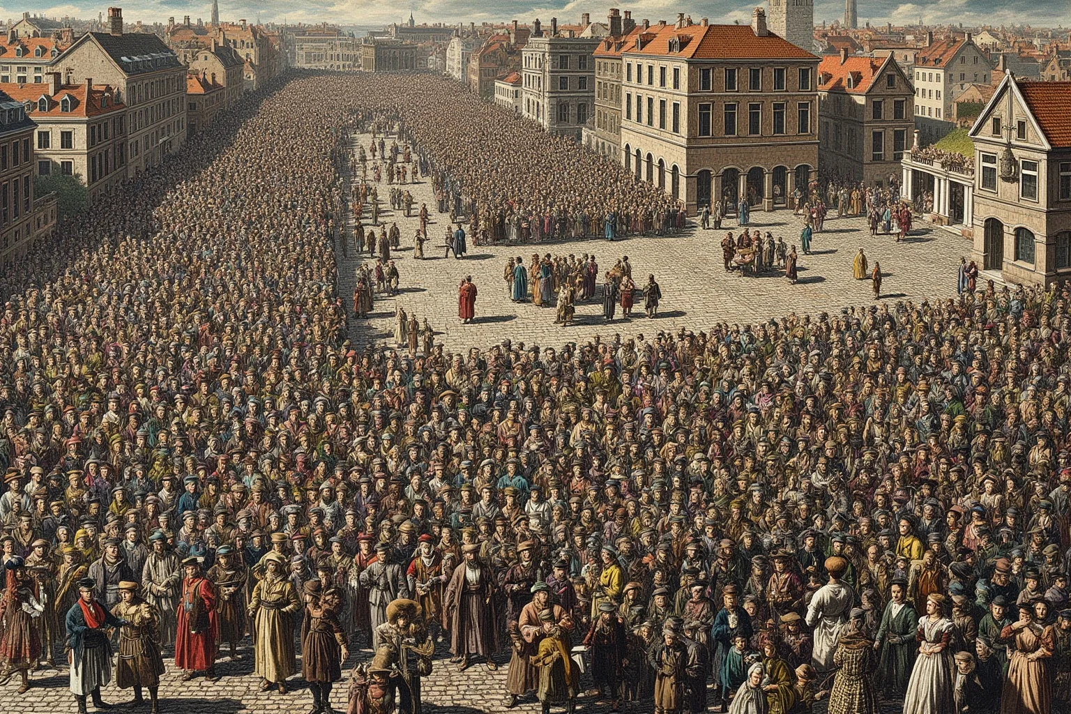 Public Executions Were Once The Most Attended Events In Town — Here's What That Says About Us 7 Massive crowd of period-dressed townspeople filling a cobblestone square, viewed from above, historical illustration