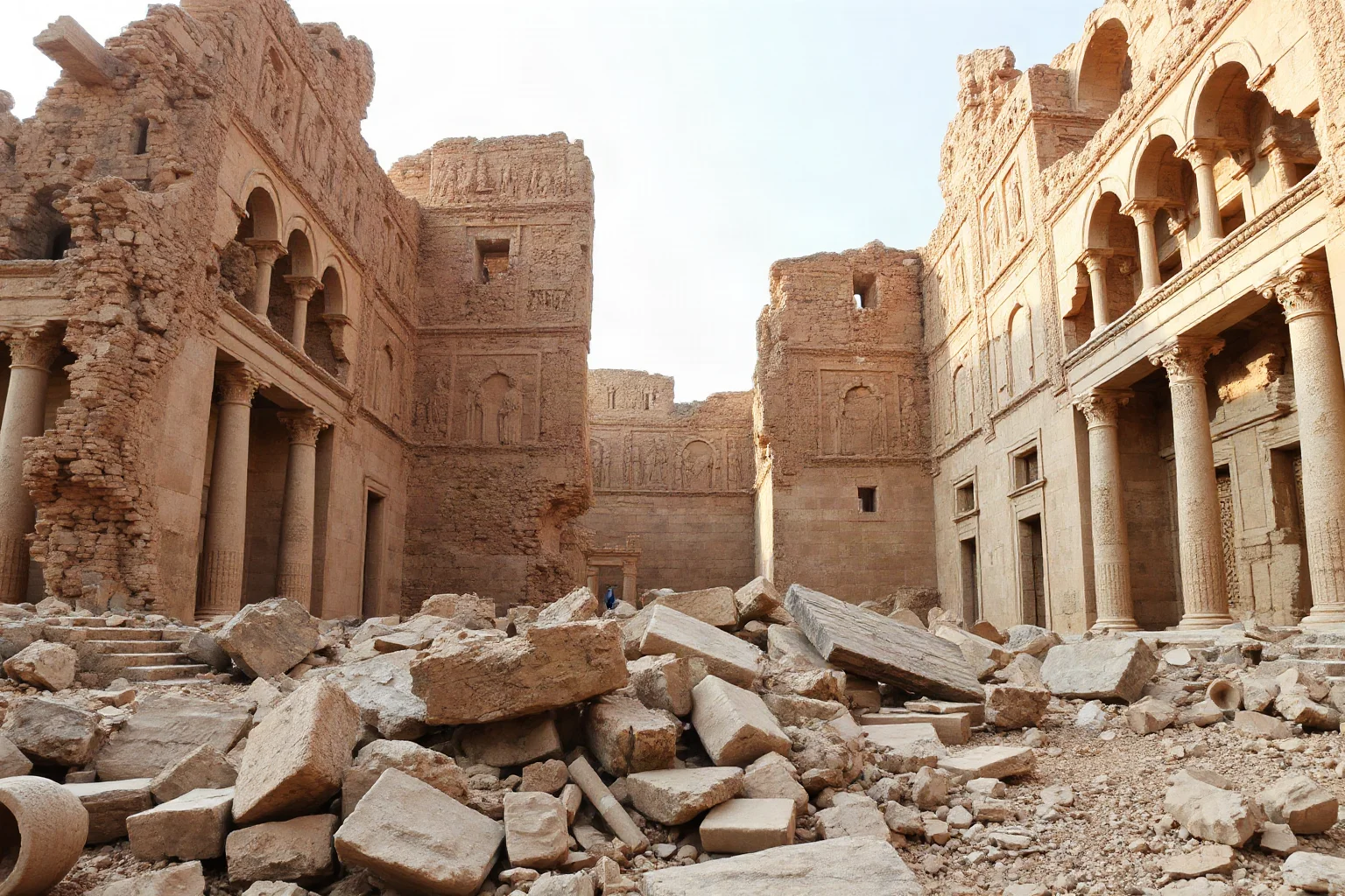 Massive crumbling stone palace ruins of Nineveh with carved reliefs partially visible among rubble and ancient walls