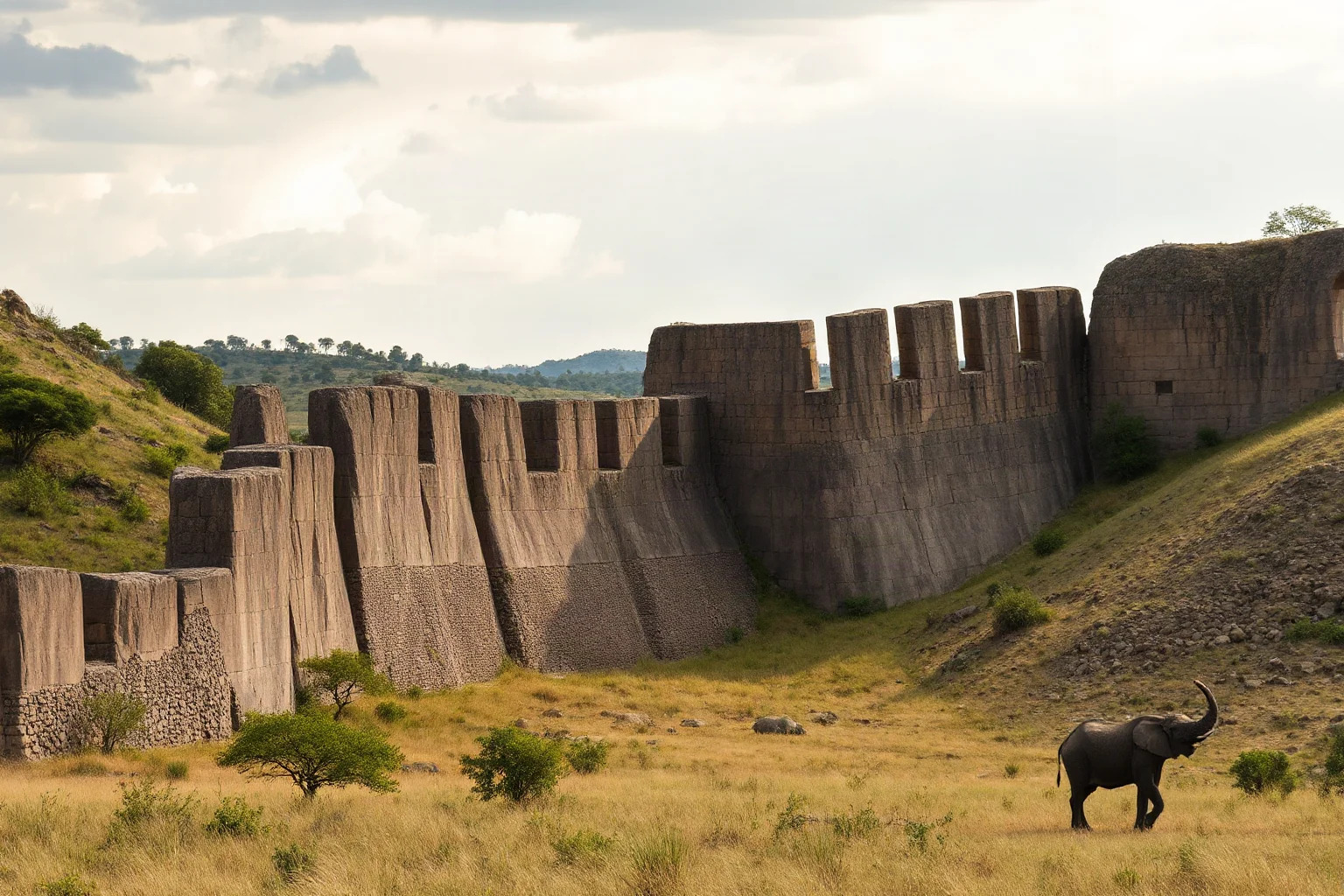 Massive dry-stone walls of Great Zimbabwe constructed without mortar rising from African savanna landscape