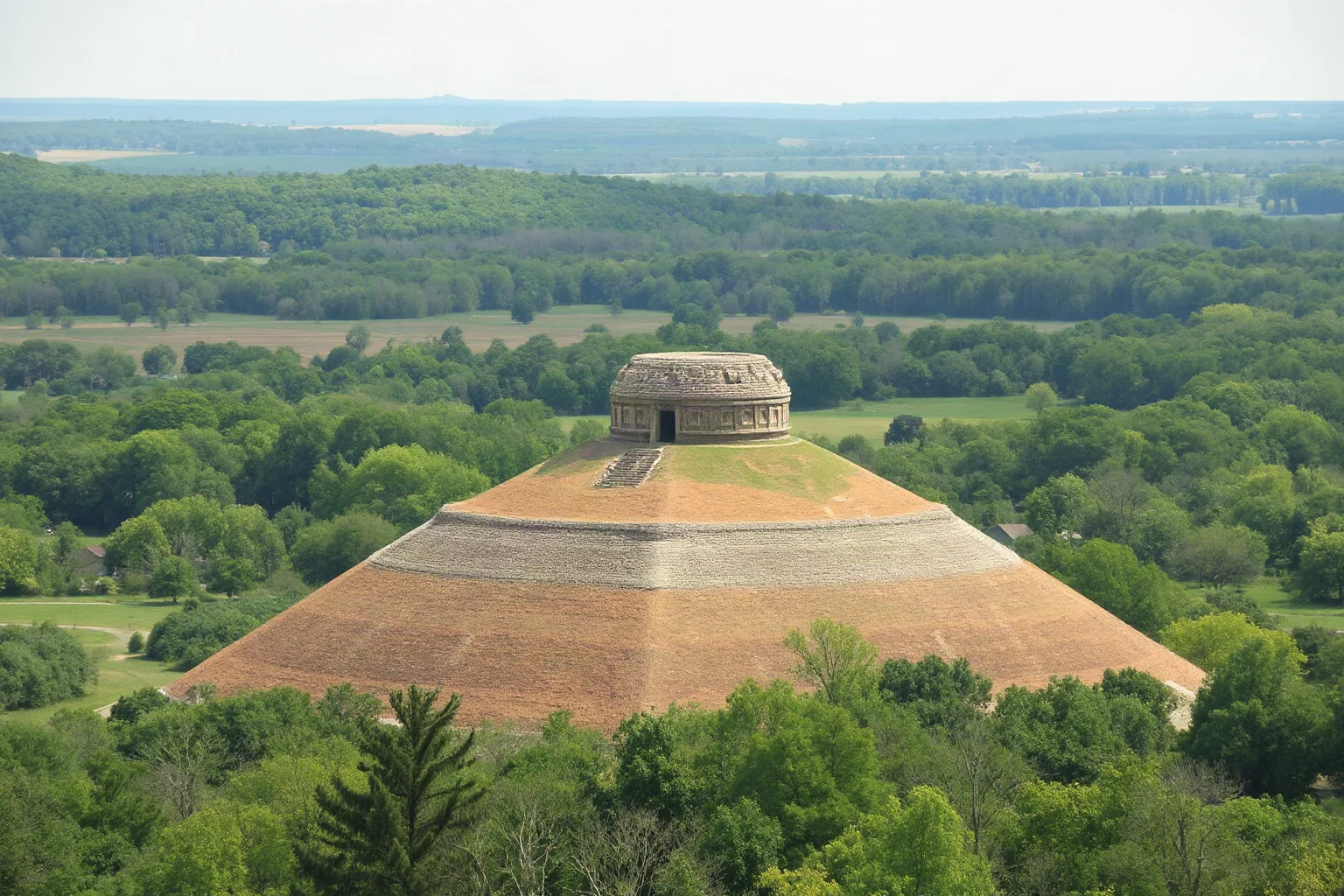 Massive earthen ceremonial mounds of Cahokia rising from flat Midwestern landscape with forested surroundings