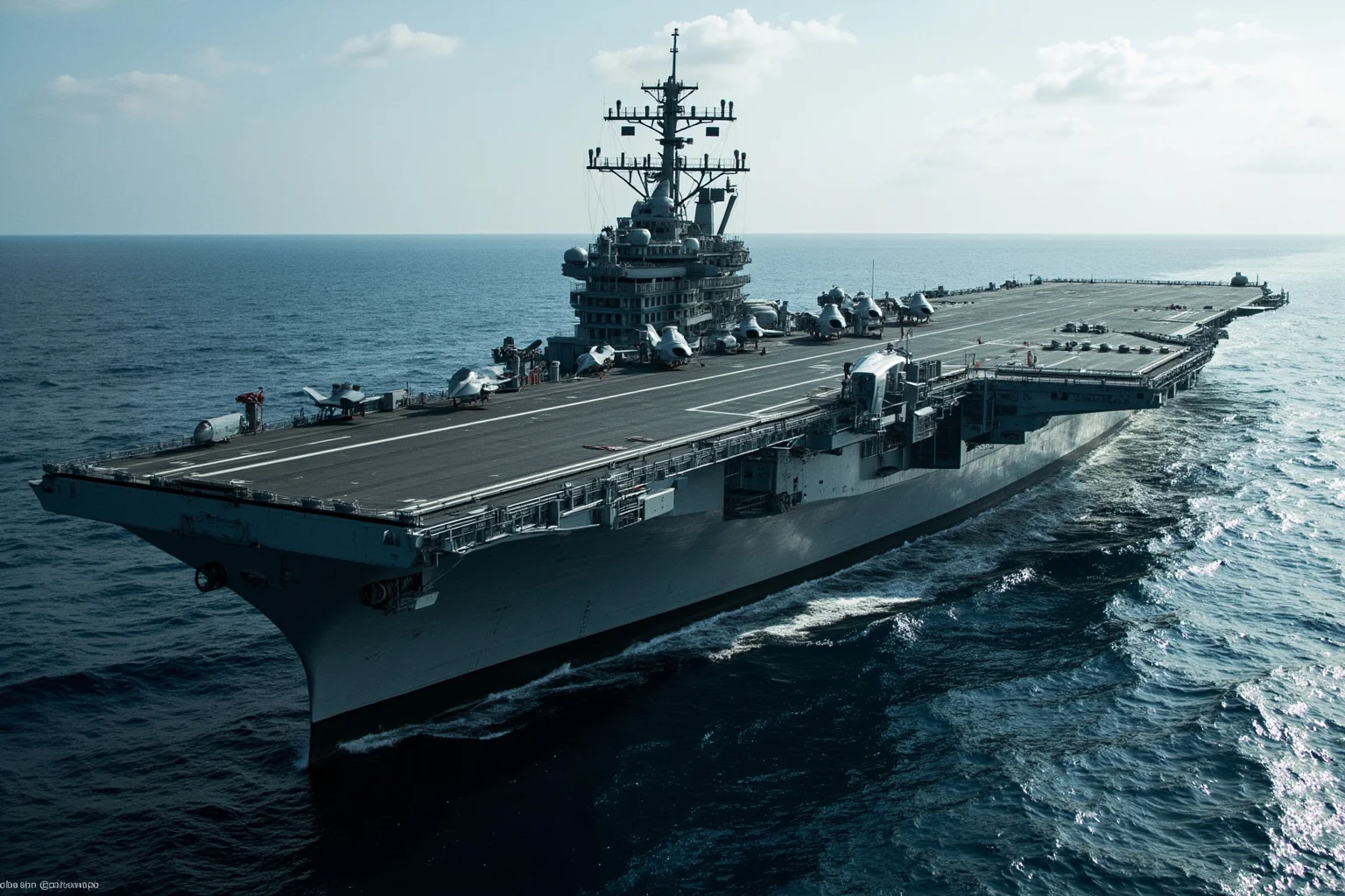The Longest-Serving Warships of All Time 21 Massive modern nuclear aircraft carrier with advanced flight deck and island superstructure, at sea, futuristic naval scale
