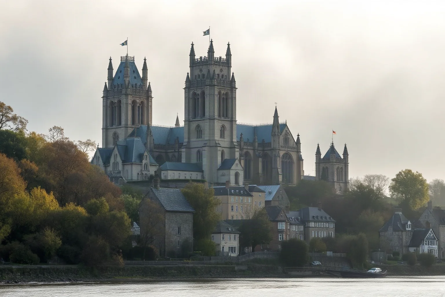 Massive Norman cathedral with twin towers on a riverside cliff, medieval stone architecture, misty morning light