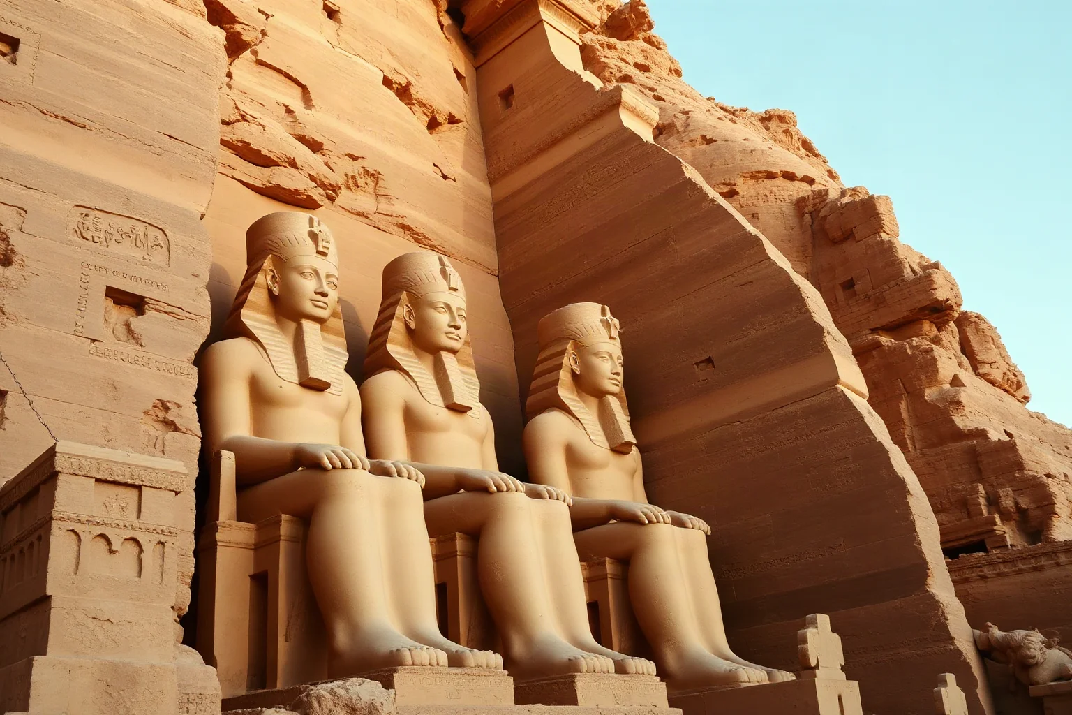 Massive seated pharaoh statues carved into a sandstone cliff face, Egyptian temple facade