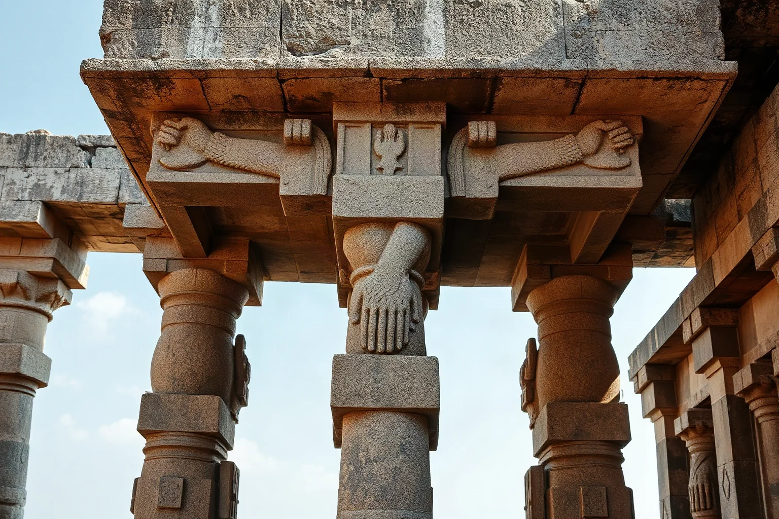 Massive T-shaped stone pillar carved with relief of human arms and hands, ancient temple ruins