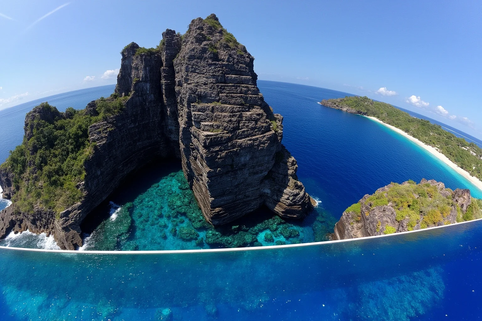 22 Coolest Underwater Discoveries Made Throughout History 18 Massive underwater rock formation with sharp geometric edges and terraced steps near a tropical island