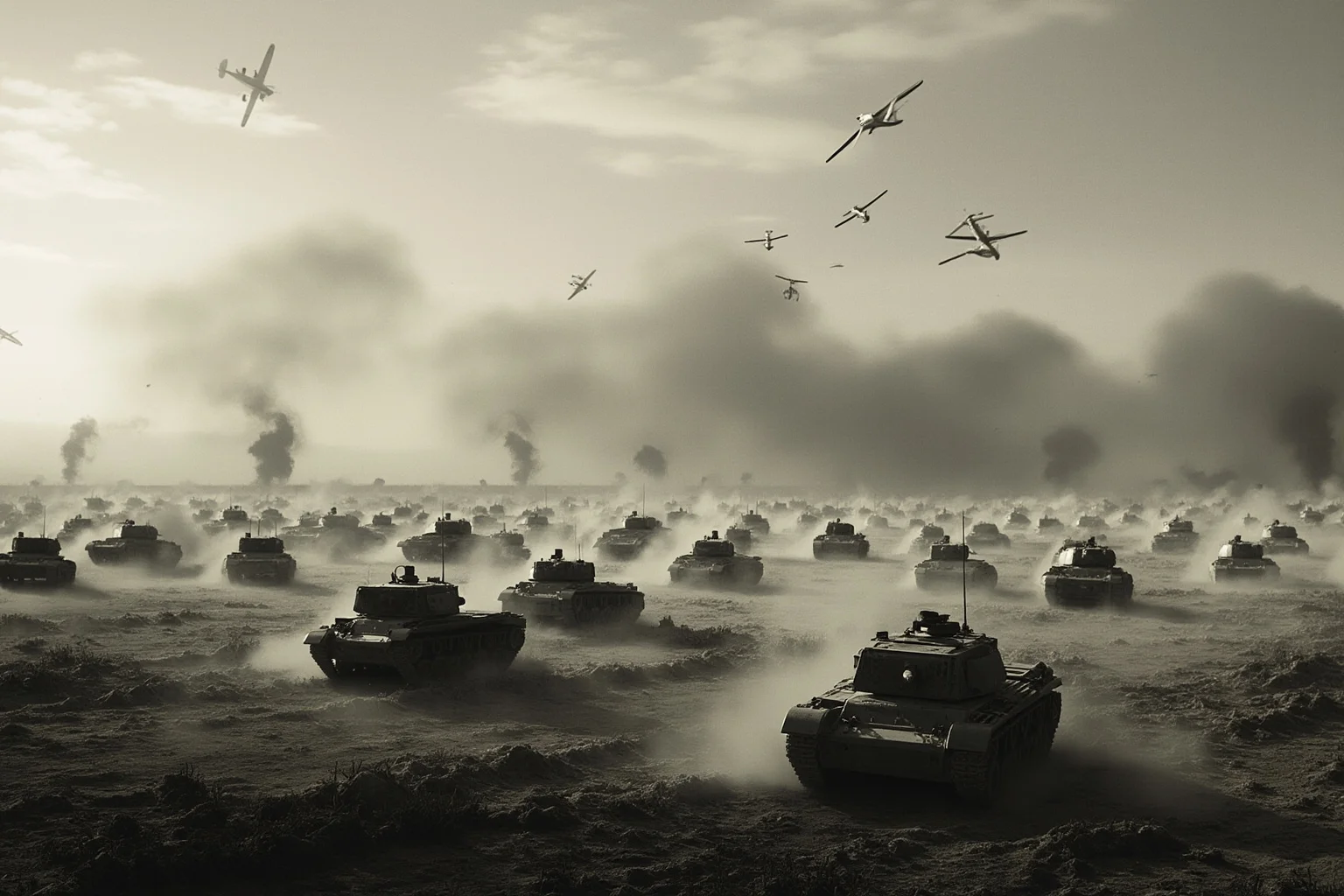 Massive WW2 tank battle scene on an open plain with dozens of tanks and aircraft overhead, dust and smoke rising