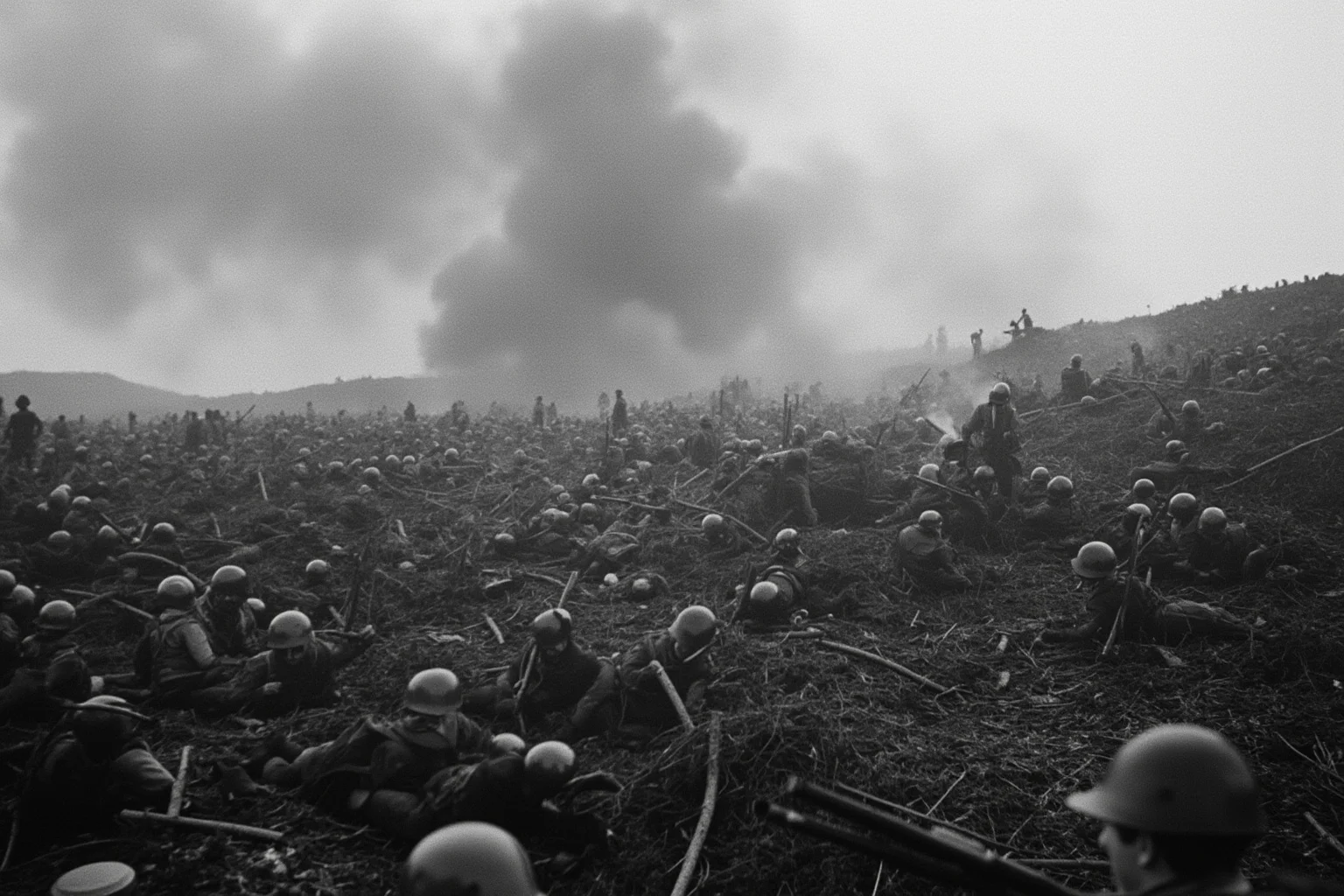 Battles That Defined American History 16 Massive WWI battlefield with American soldiers advancing through trenches and artillery smoke