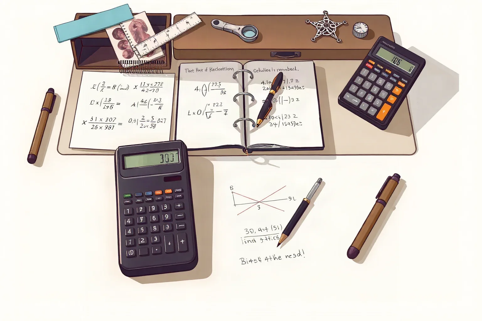 Mathematician's desk with calculus notation, mechanical calculator designs, and binary number system concepts illustrated