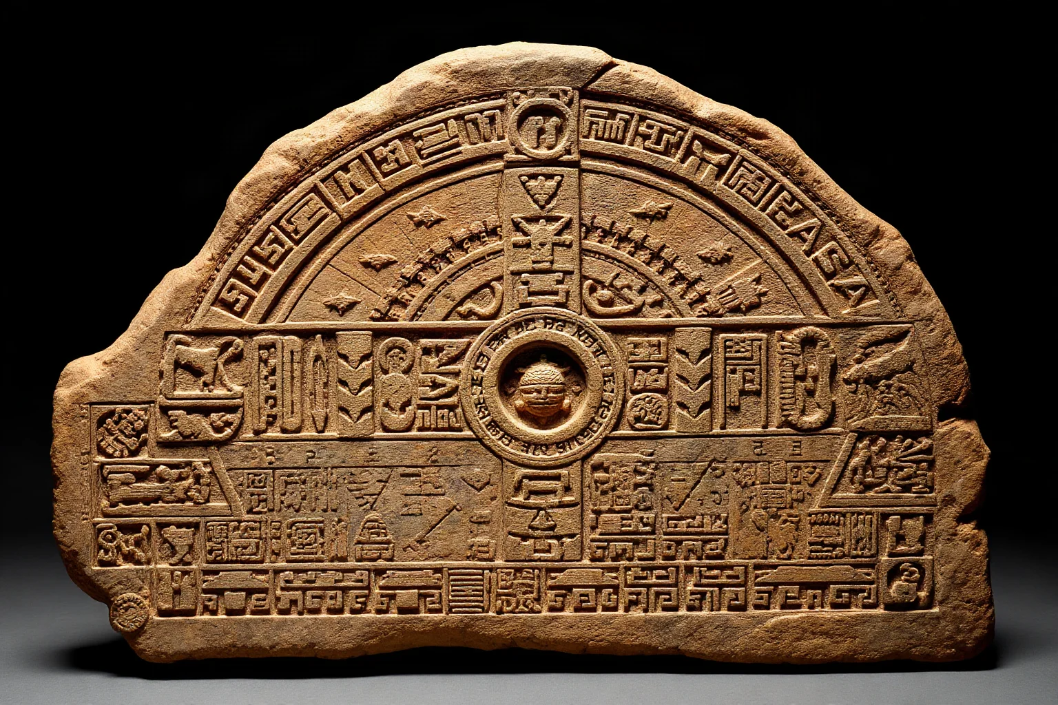 Maya astronomical codex or stone carved with intricate glyphs and celestial calculations, showing mathematical precision