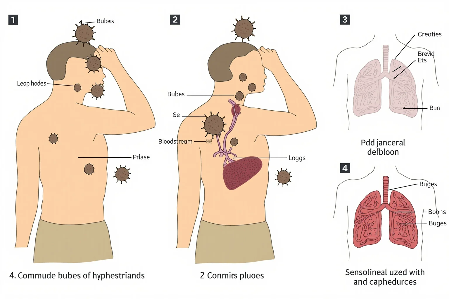Medical illustration showing three forms of plague: buboes on lymph nodes, bloodstream infection patterns, and lung infection diagram