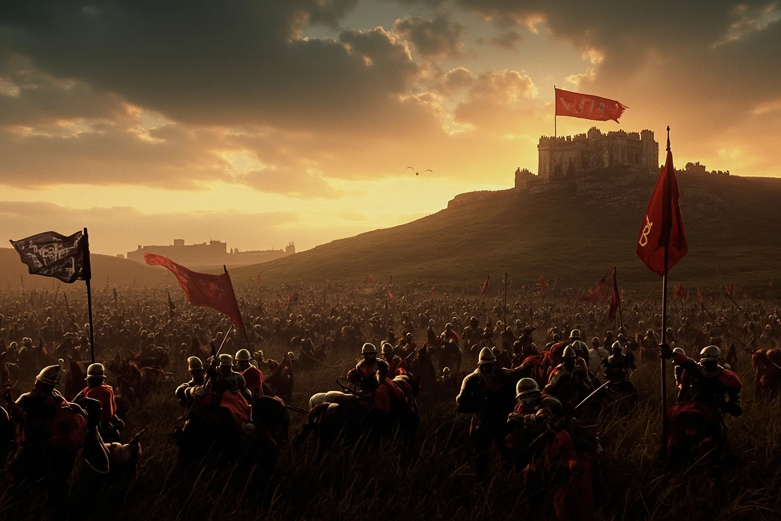 Medieval battlefield at dusk with Norman and English forces clashing near a hilltop, banners flying