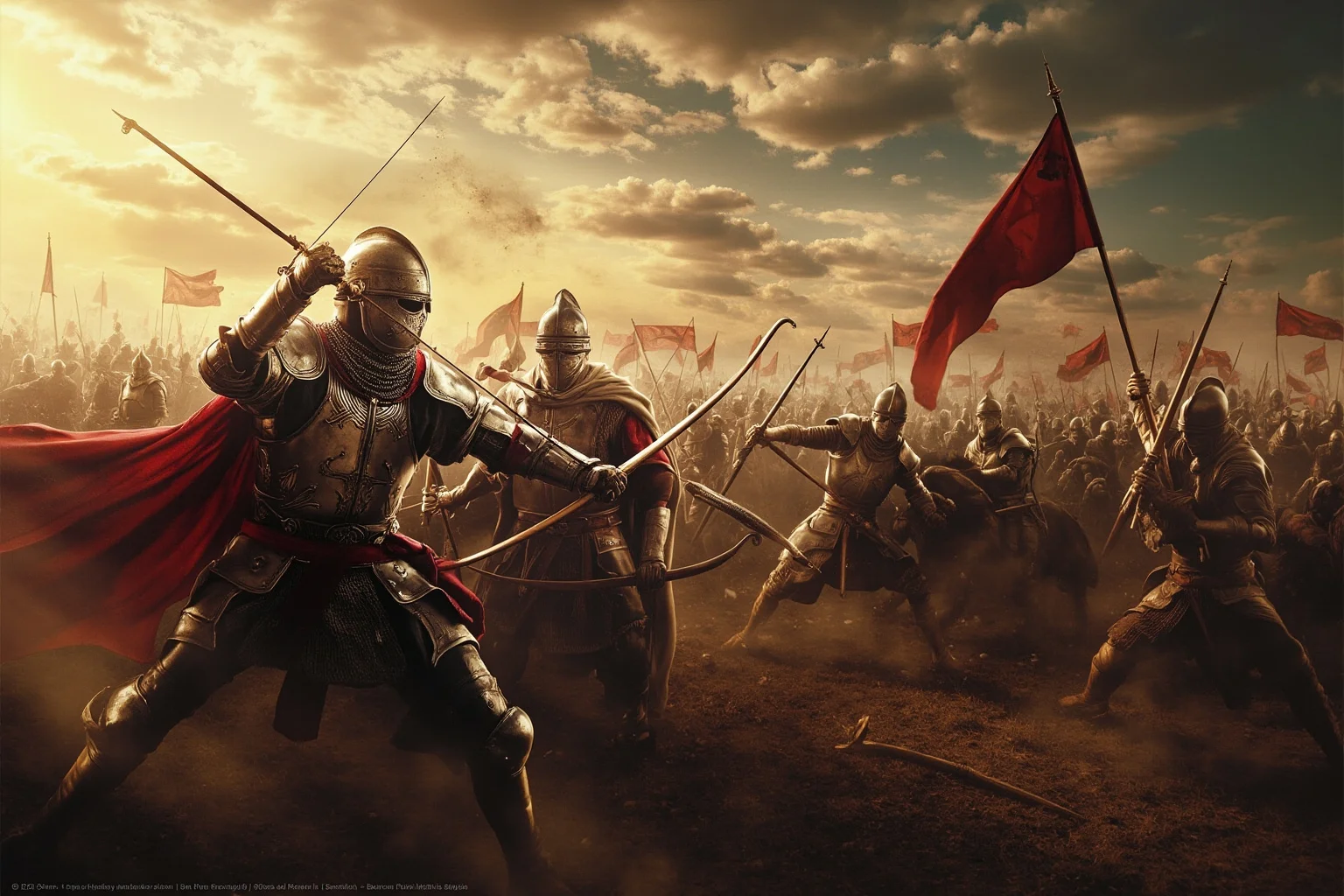 Medieval battlefield scene with knights and archers clashing, evoking the era of long dynastic wars fought in short battles