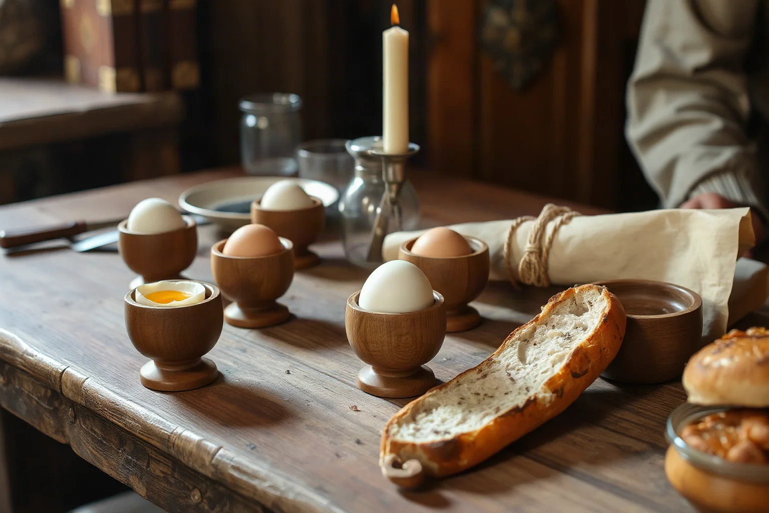 Medieval breakfast table with boiled eggs in wooden cups and trenchers of bread