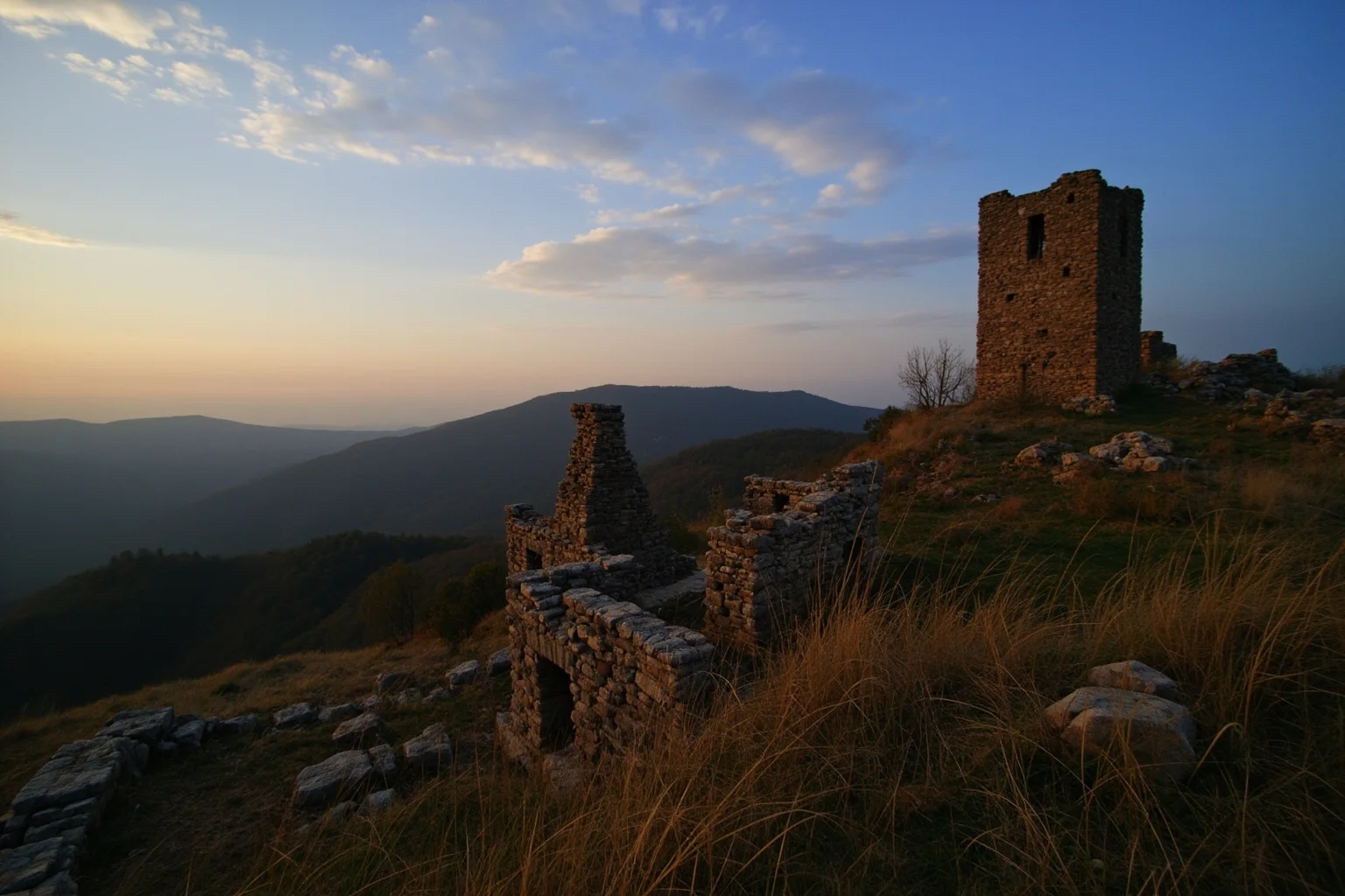 Medieval Bulgarian fortress ruins on a hillside at dusk