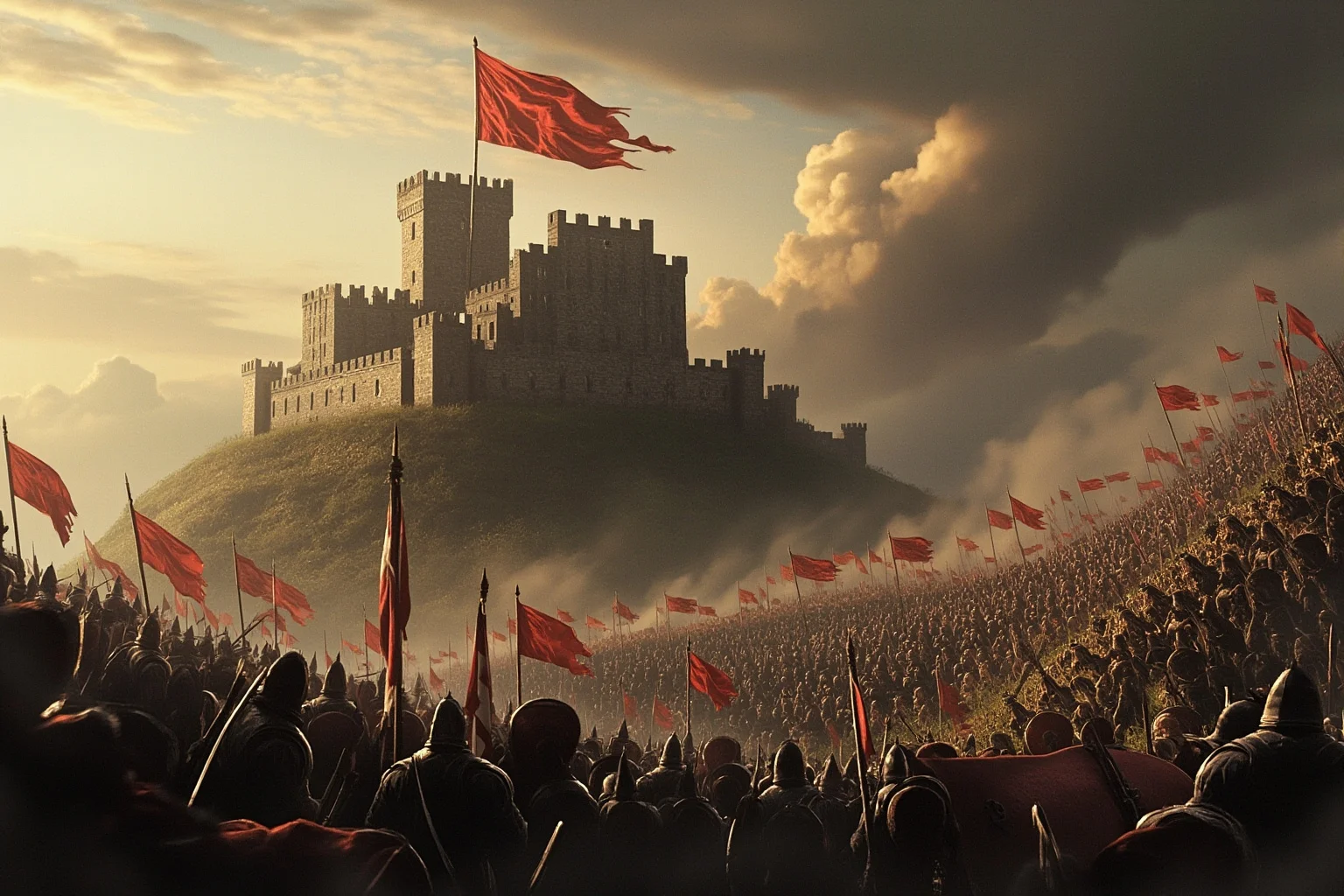 Medieval castle with flag flying, surrounded by armies encamped on a hillside, suggesting civil conflict