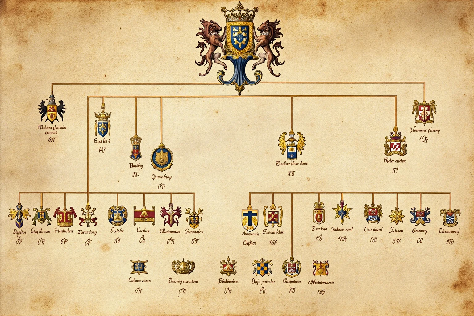 Medieval coat of arms and genealogy chart on parchment, with branching family lines and heraldic symbols in gold and color