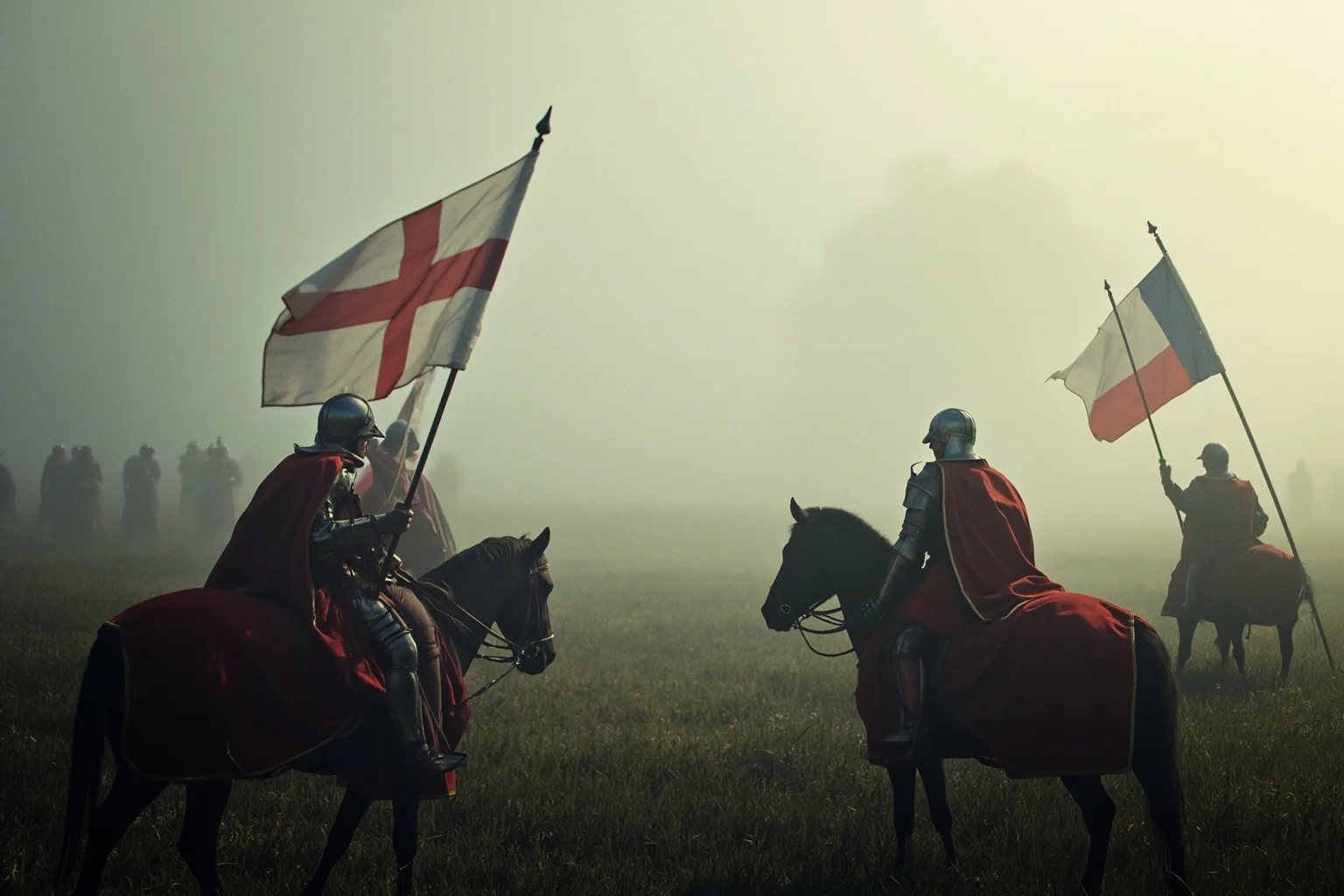 26 of History's Most Famous Rivalries 4 Medieval English and French banners and knights facing each other across a foggy field