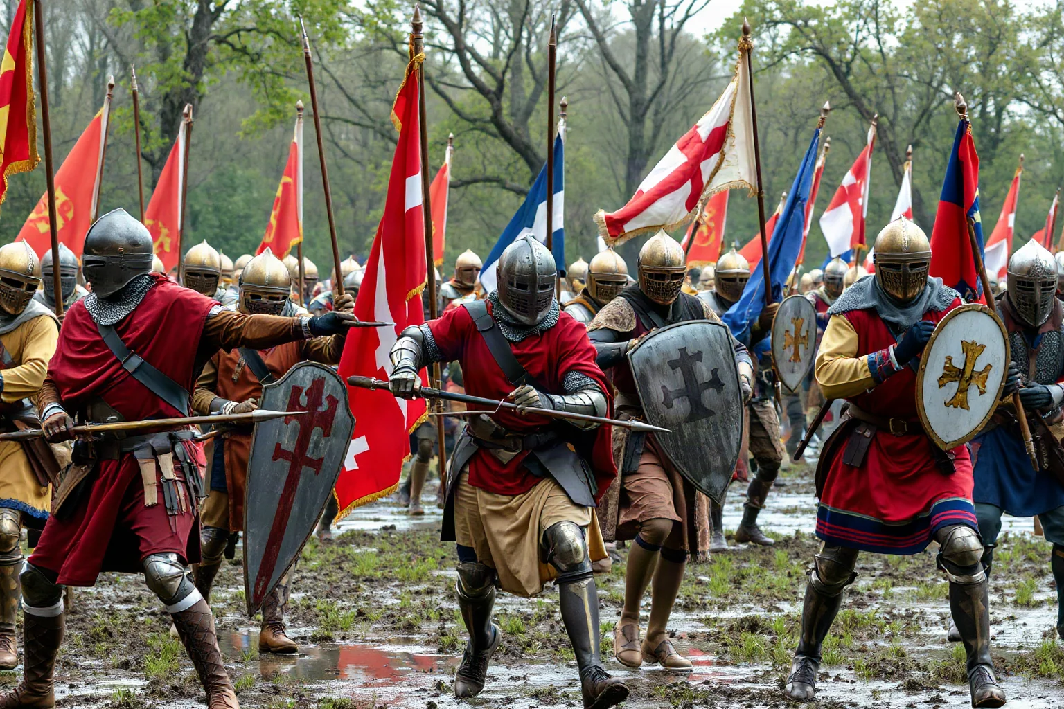 Medieval English longbowmen and French knights facing off on a muddy battlefield with banners