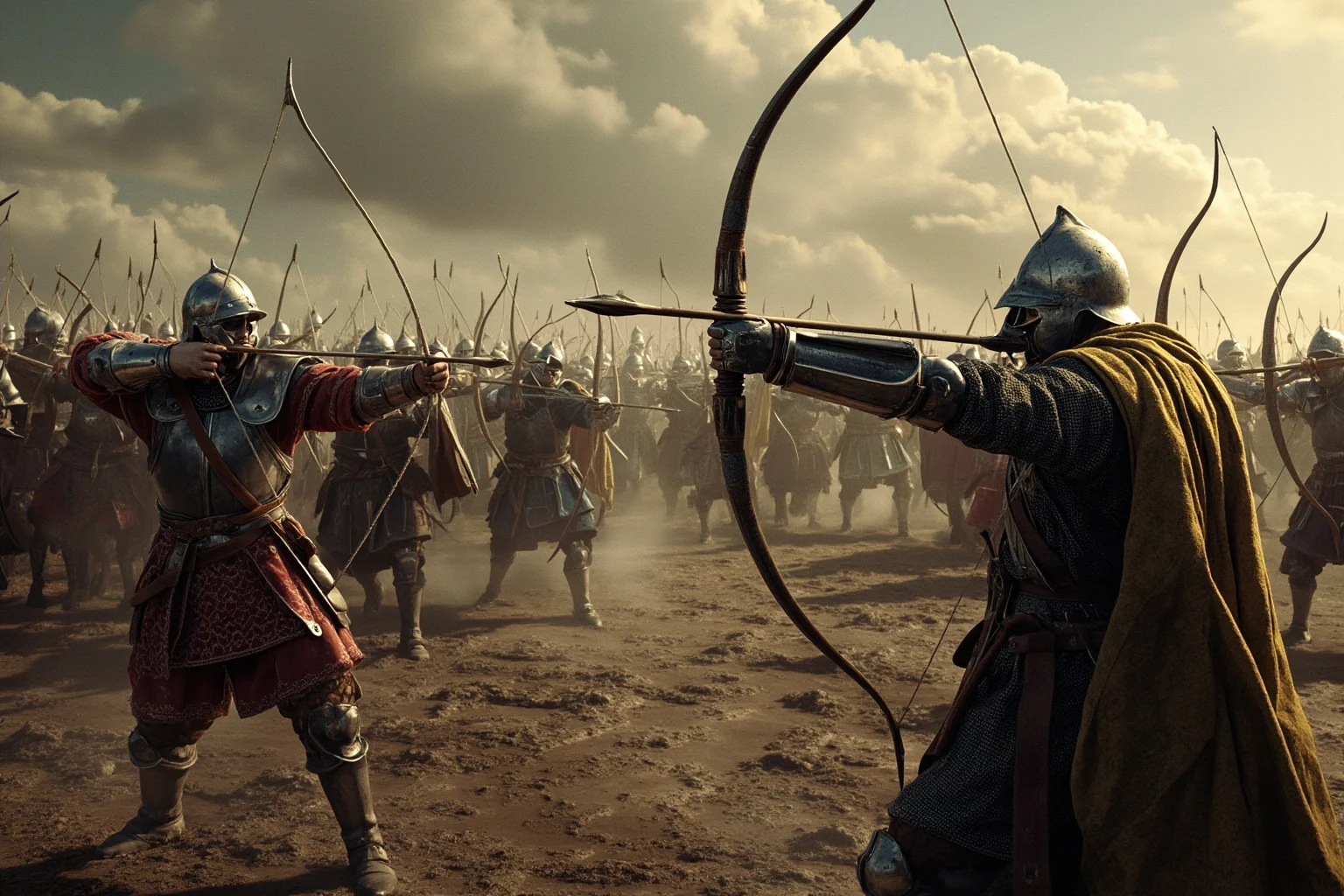 Medieval English longbowmen firing volleys of arrows across a muddy battlefield at armored knights