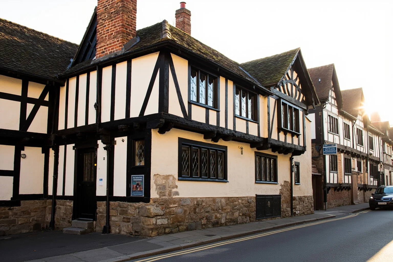 Medieval English wool-hall-turned-inn with timber framing and stone base, historic village street, warm afternoon light