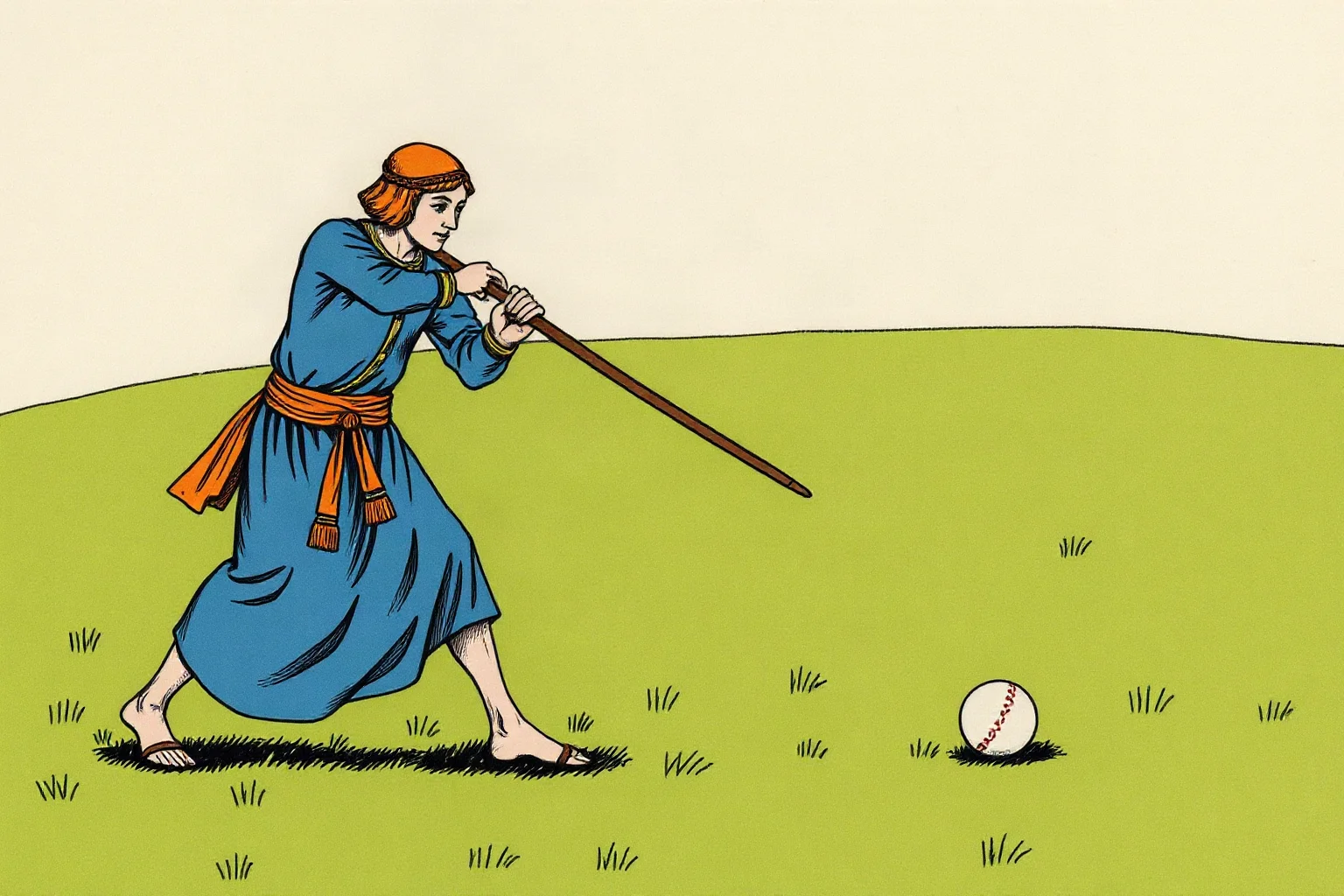 Medieval European illustration of a figure swinging a bent stick at a small ball on grass