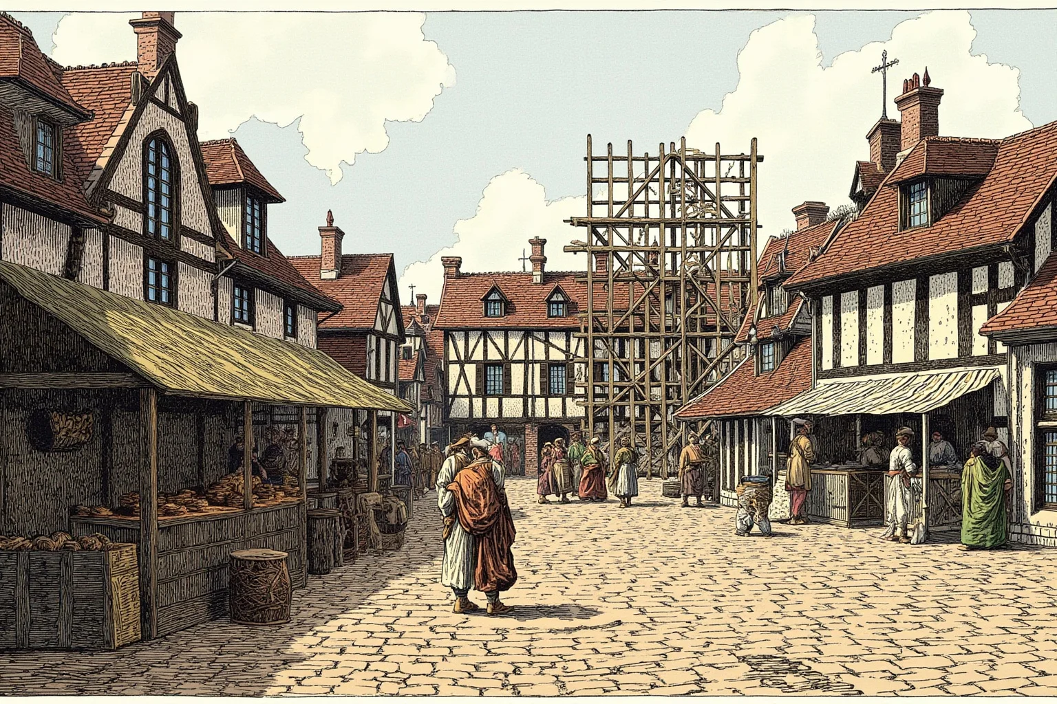 Public Executions Were Once The Most Attended Events In Town — Here's What That Says About Us 4 Medieval European town square with market stalls and a wooden scaffold in the background, illustrative style