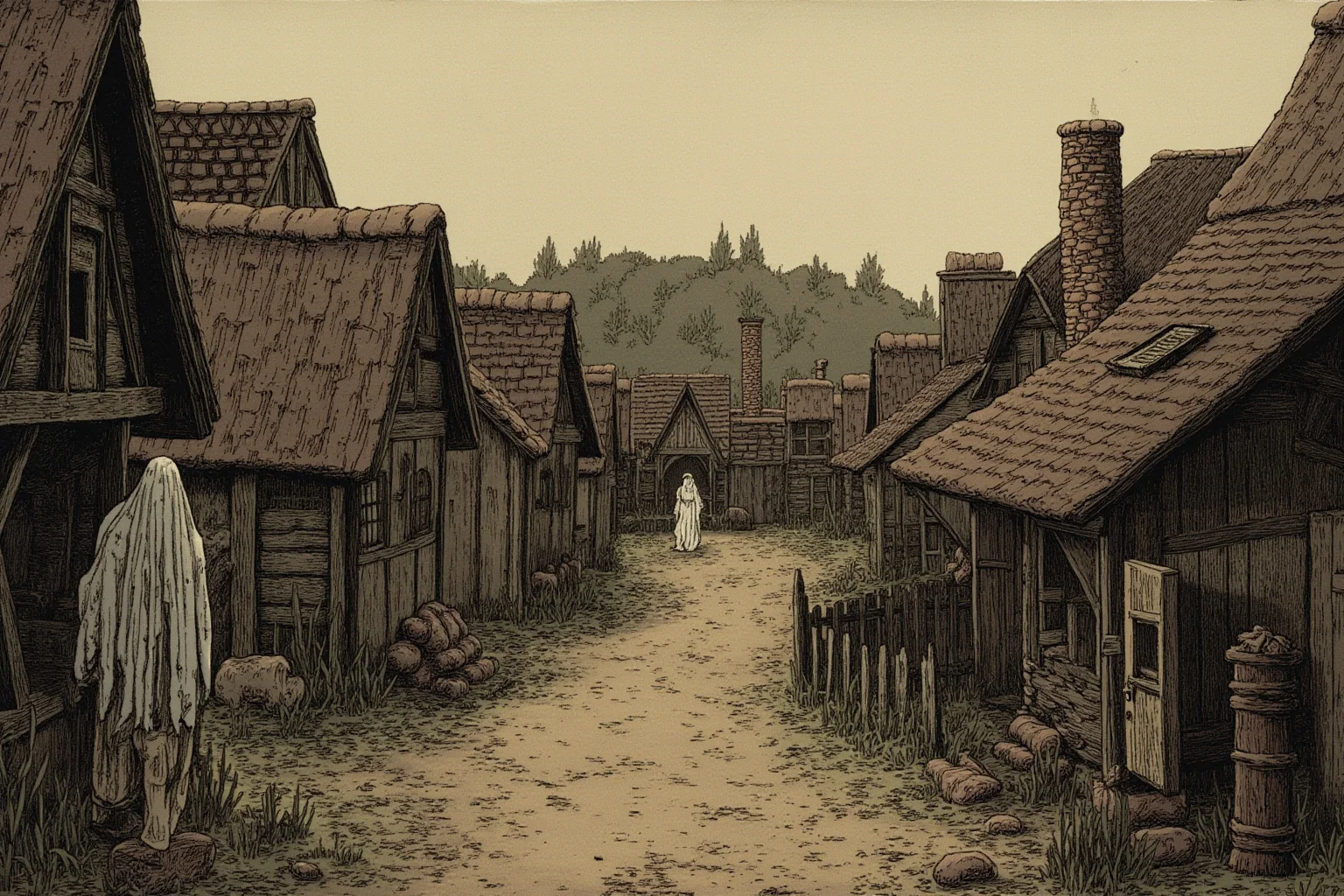 20 Deadliest Plagues That Shaped Human History 5 Medieval European village with a plague doctor figure in the distance, muted earthy tones, historical illustration