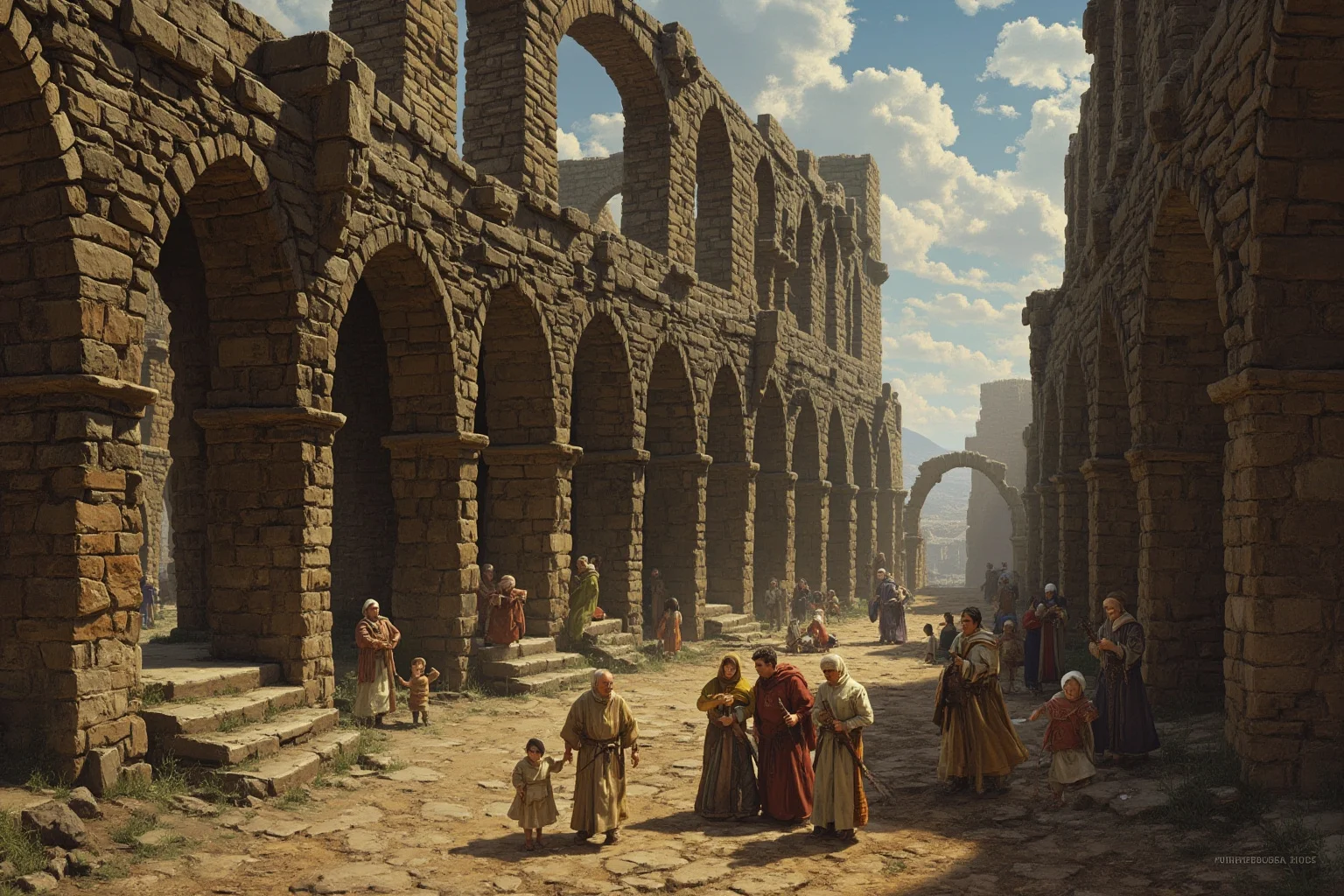 Medieval families living among the arched ruins of an ancient stone amphitheater