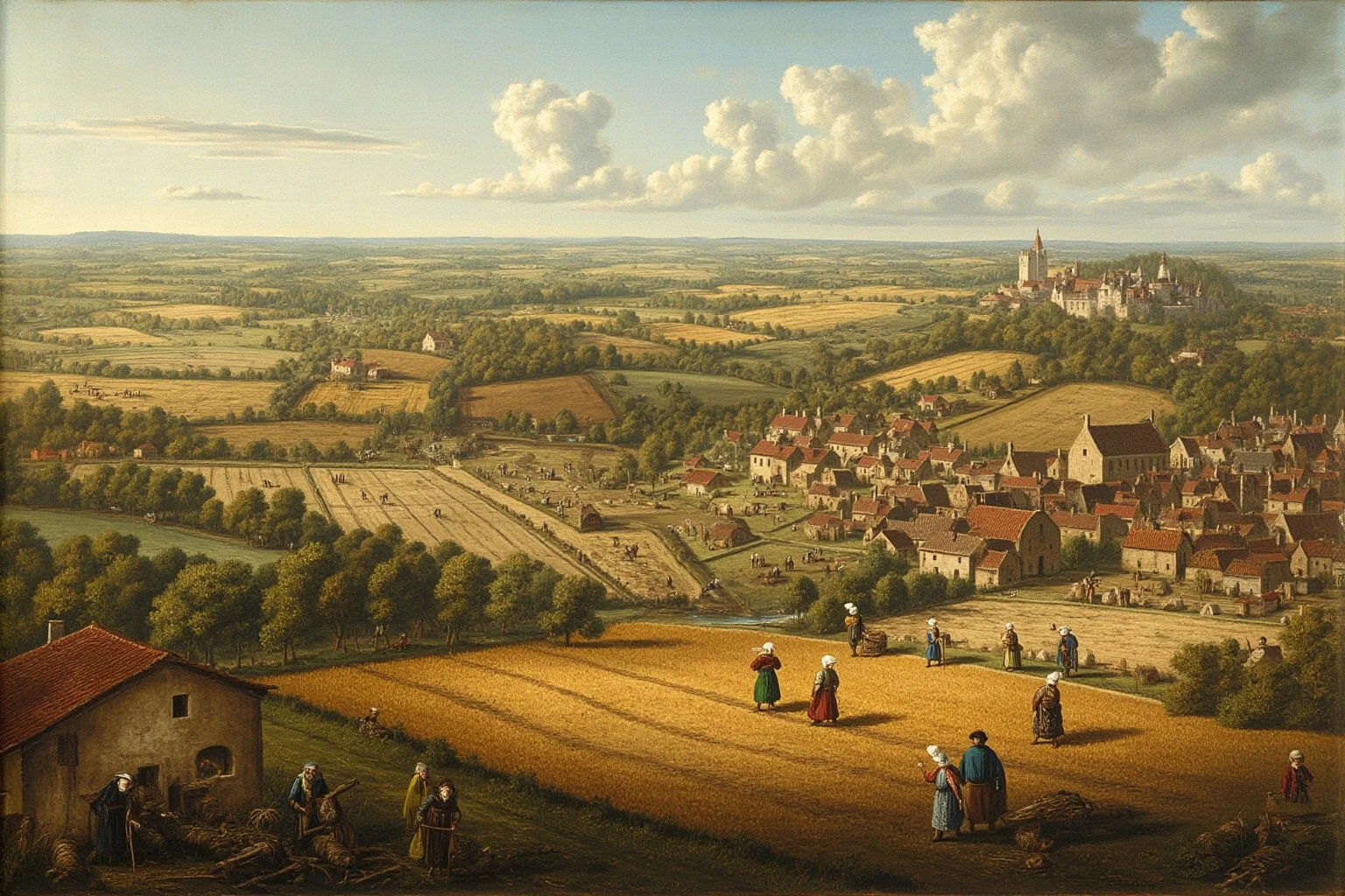 Medieval farming village with laborers working in fields, showing prosperity and activity with castle or manor house in distance