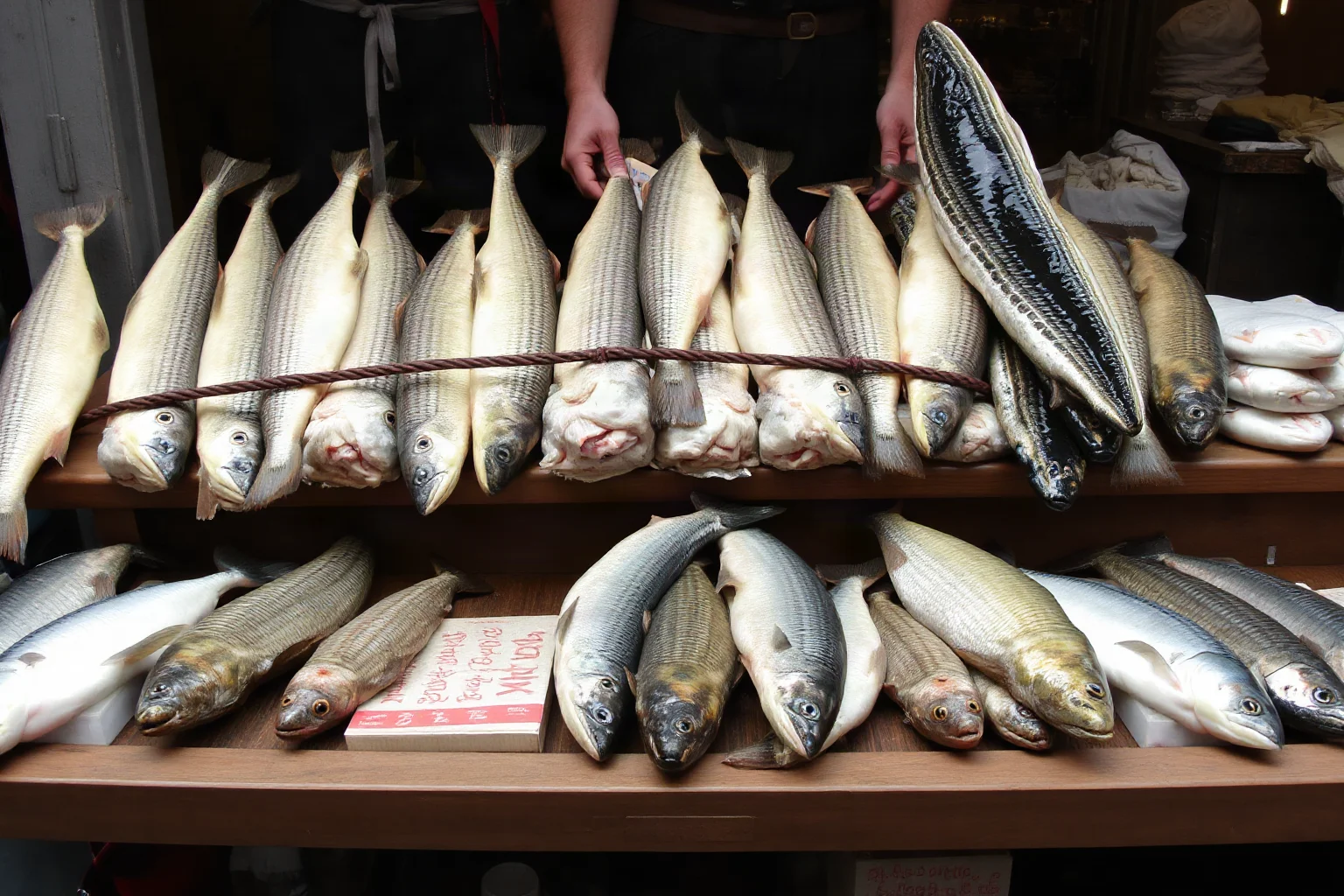 Medieval fishmonger displaying fresh pike, eel, trout, and cod at a market stall