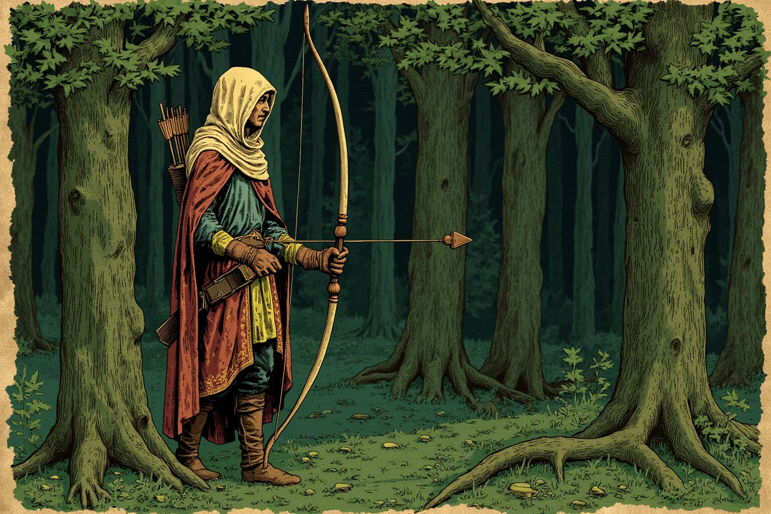 Historical Villains Who Were Actually Heroes 15 Medieval forest illustration of a hooded archer with a longbow standing among green woodland trees, folk legend style