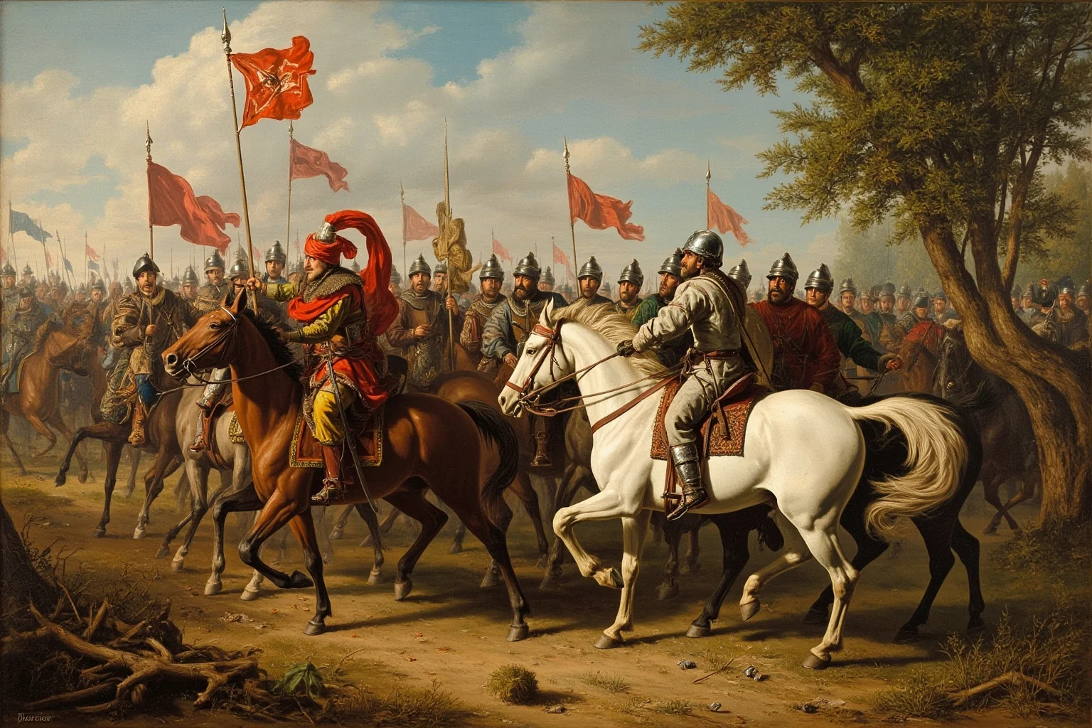 Medieval Frankish cavalry and infantry clashing with Umayyad forces near a European forest, historical painting style