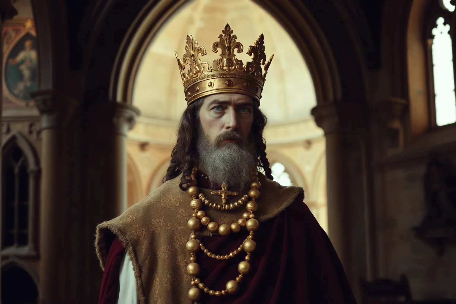 Medieval Frankish king in a crown and robe inside a stone cathedral