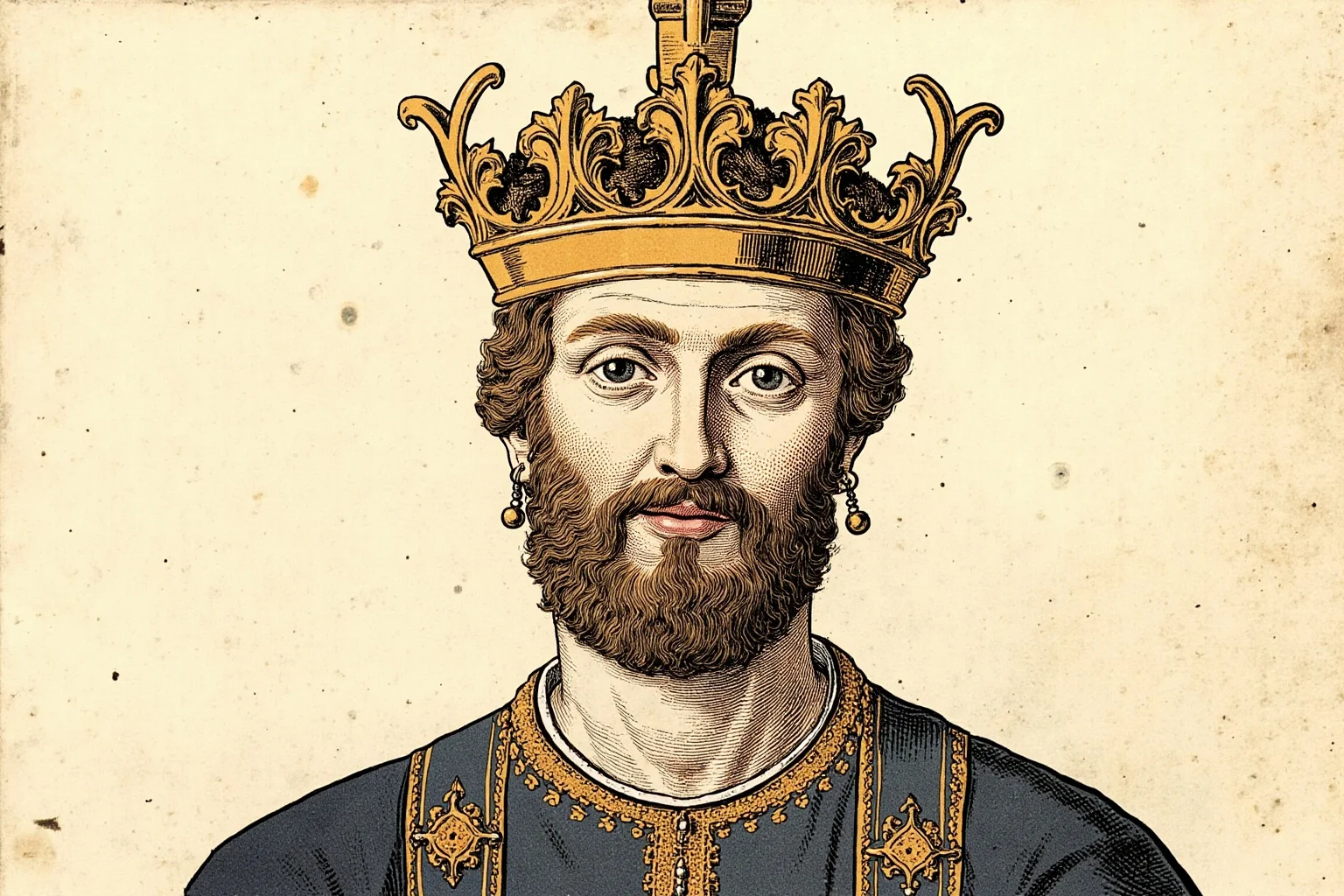 Medieval Frankish king in simple royal robes and a small crown, illustrated in an early medieval manuscript art style