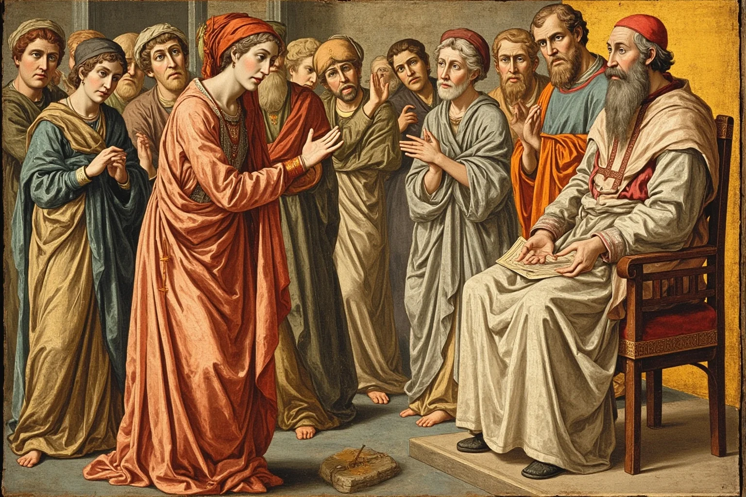 Medieval fresco style illustration of a mystic woman in simple robes speaking earnestly to a seated pope