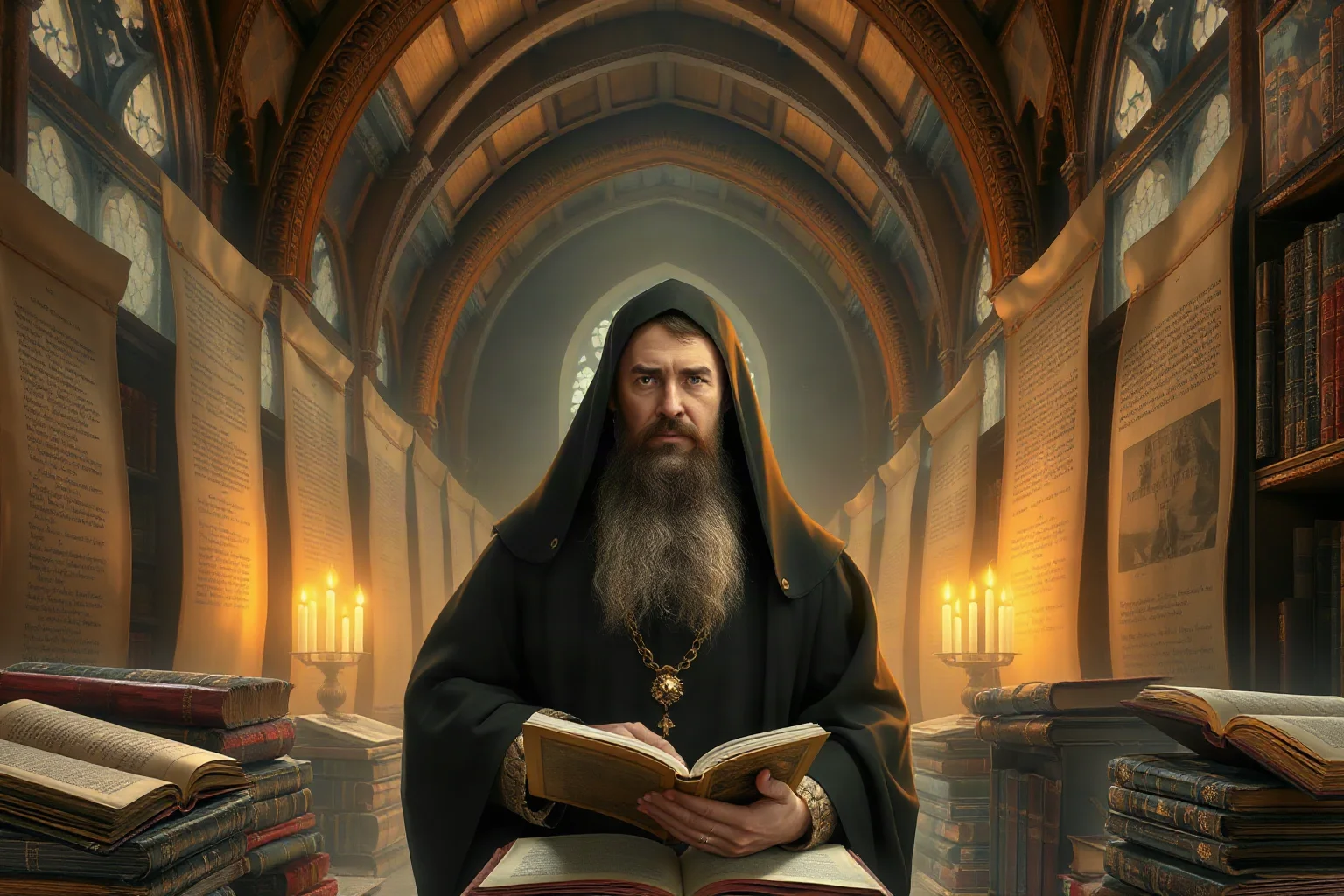 Medieval friar in a university library surrounded by large theological manuscripts, soft candlelight, medieval art style