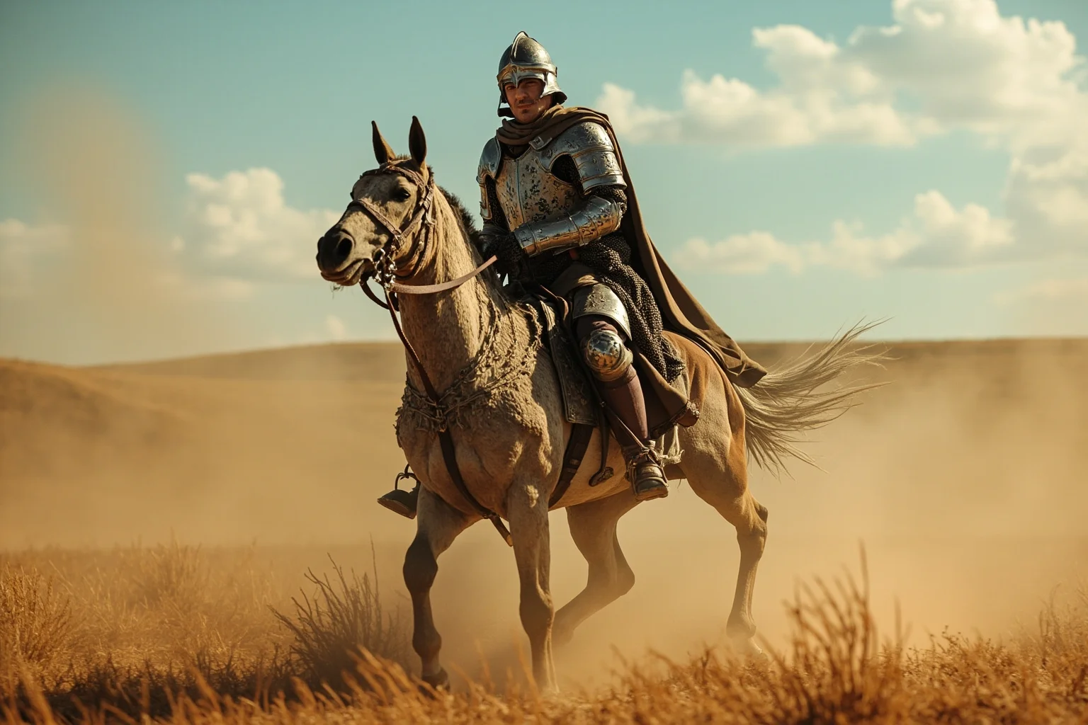 Medieval Iberian knight in weathered armor riding across a sunbaked Spanish plain