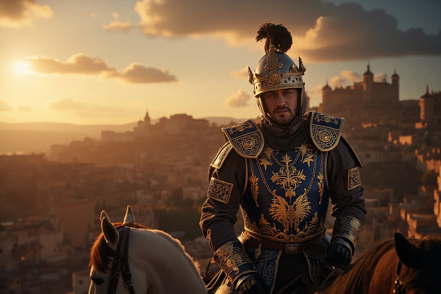 22 Most Notorious Knights From History: Heroes, Villains, and Legends 5 Medieval Iberian knight on horseback in ornate armor before a walled Spanish city at sunset