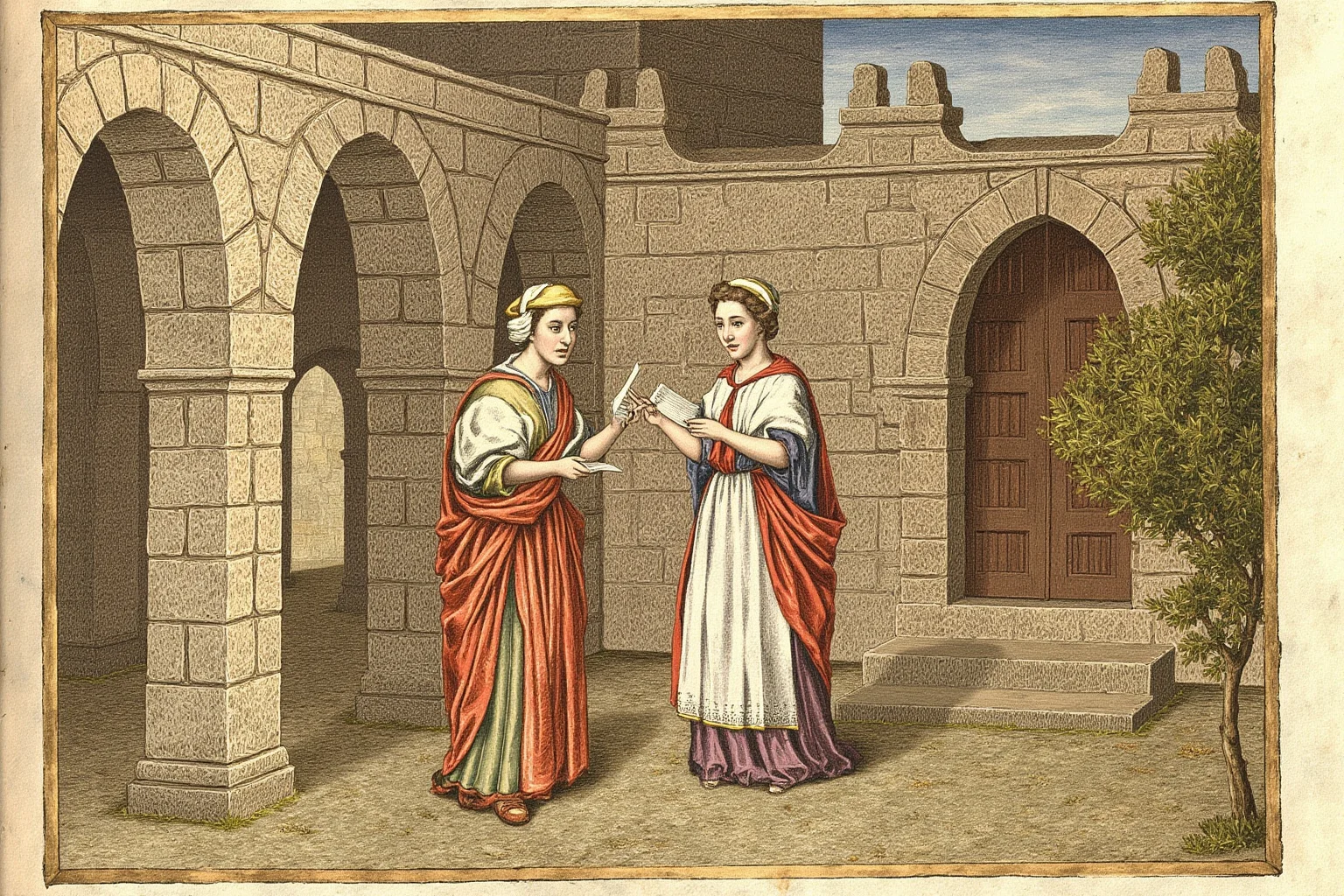 The 22 Greatest Love Stories in History 4 Medieval illuminated manuscript style illustration of a scholar and a young woman exchanging letters in a stone monastery courtyard