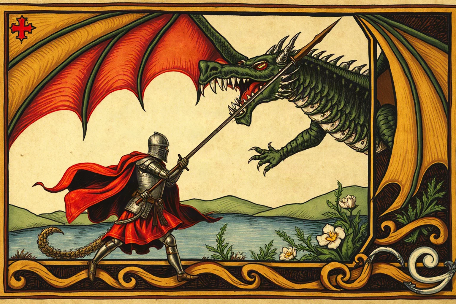 Medieval illuminated manuscript style scene of a knight in armor facing a large dragon, Saint George legend illustration
