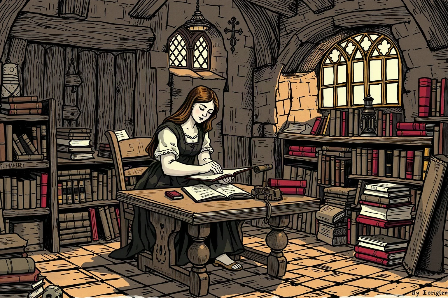 Medieval illustration of a European woman writer at a wooden desk surrounded by books in a castle study
