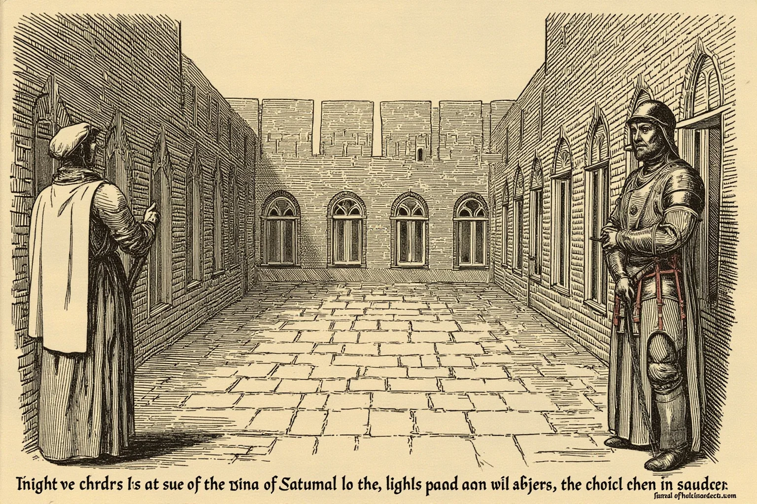 Star-Crossed Lovers: The 22 Greatest Historical Romances Ever 20 Medieval illustration of a knight and a queen standing on opposite sides of a castle courtyard