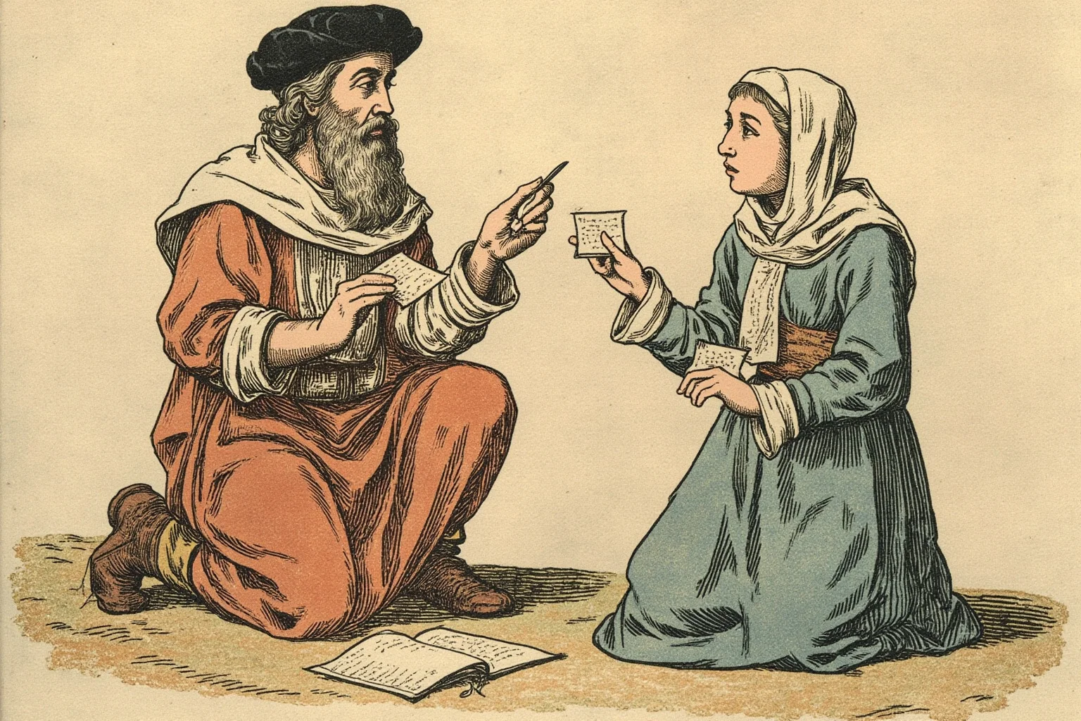 Star-Crossed Lovers: The 22 Greatest Historical Romances Ever 4 Medieval illustration of a scholar and a young woman in monastic robes exchanging letters, 12th-century European setting