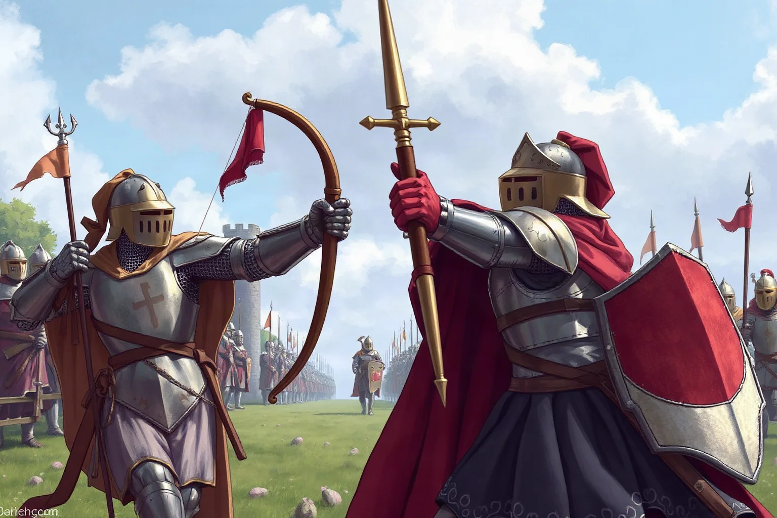 Medieval illustration of armored knights and archers facing off, representing the Hundred Years' War