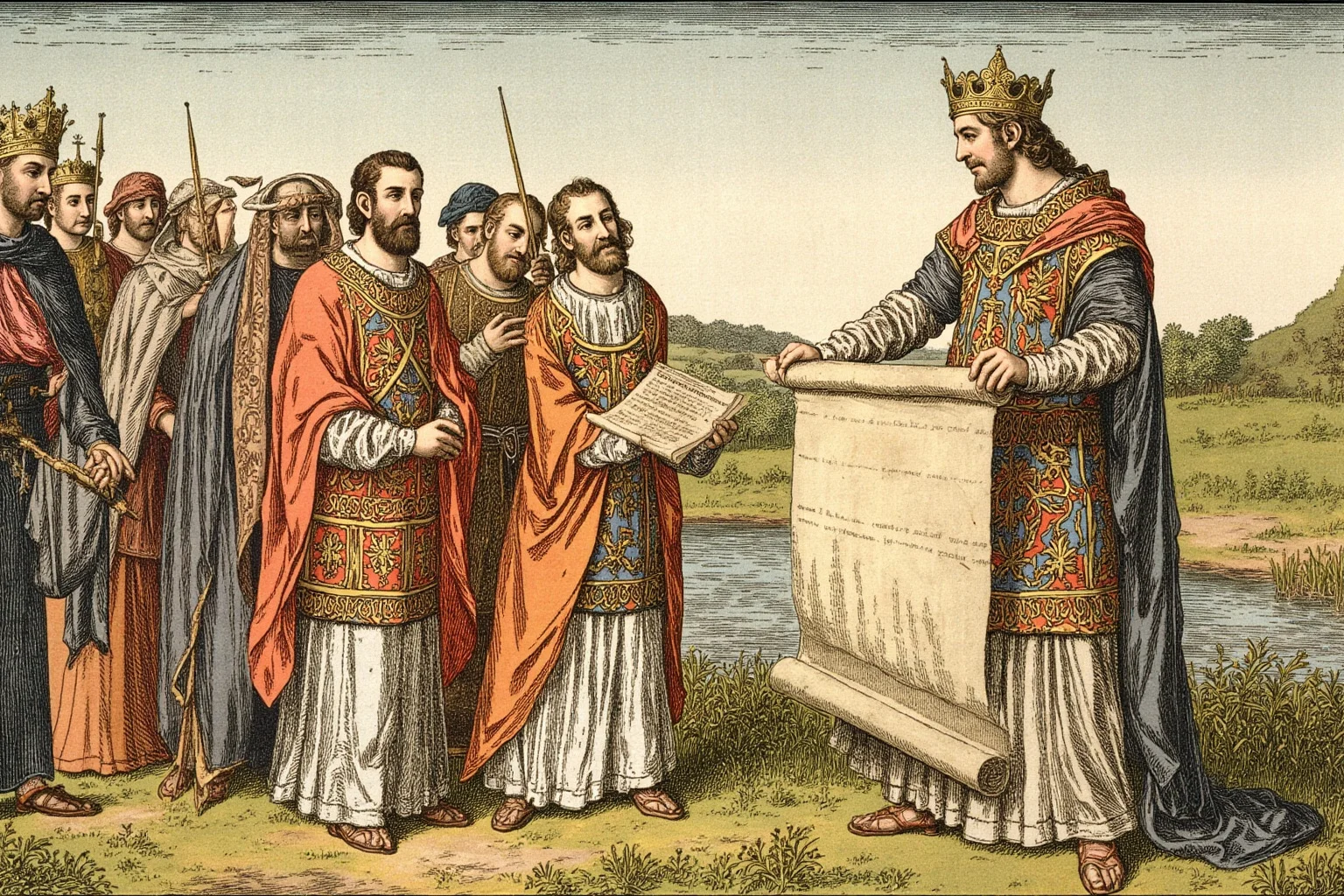 Historical Villains Who Were Actually Heroes 6 Medieval illustration of barons presenting a sealed charter to a reluctant king beside a river meadow, historical parchment style