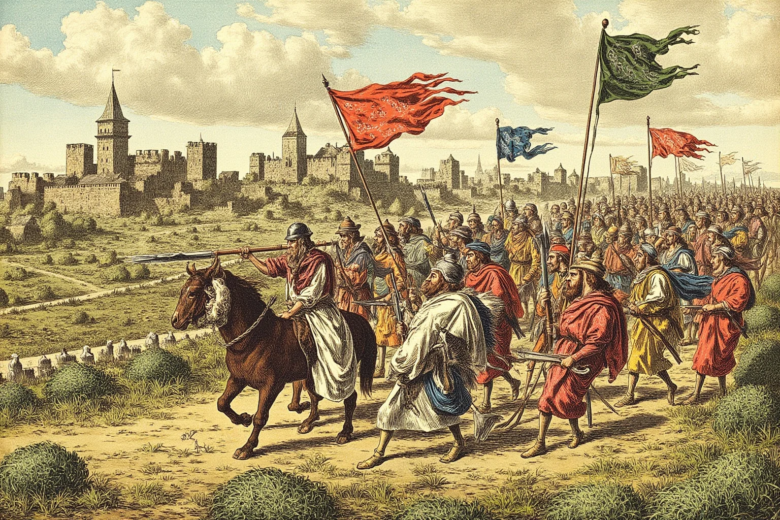History's Greatest Rebels That Challenged the Status Quo 5 Medieval illustration of peasant rebels marching toward a walled city carrying farming tools as makeshift weapons, banners flying