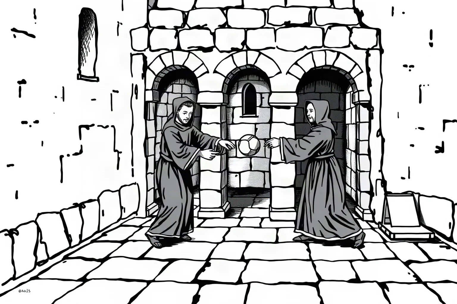 Medieval illustration of two monks playing an early handball-tennis game in a stone courtyard