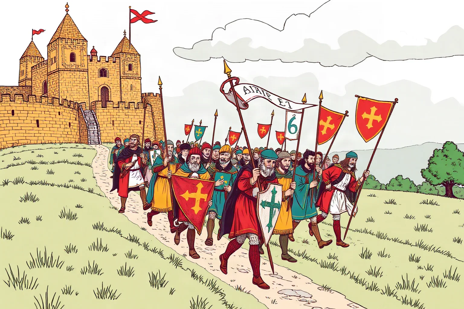 Medieval illustration-style depiction of peasant farmers marching toward a walled city with banners, 14th century England
