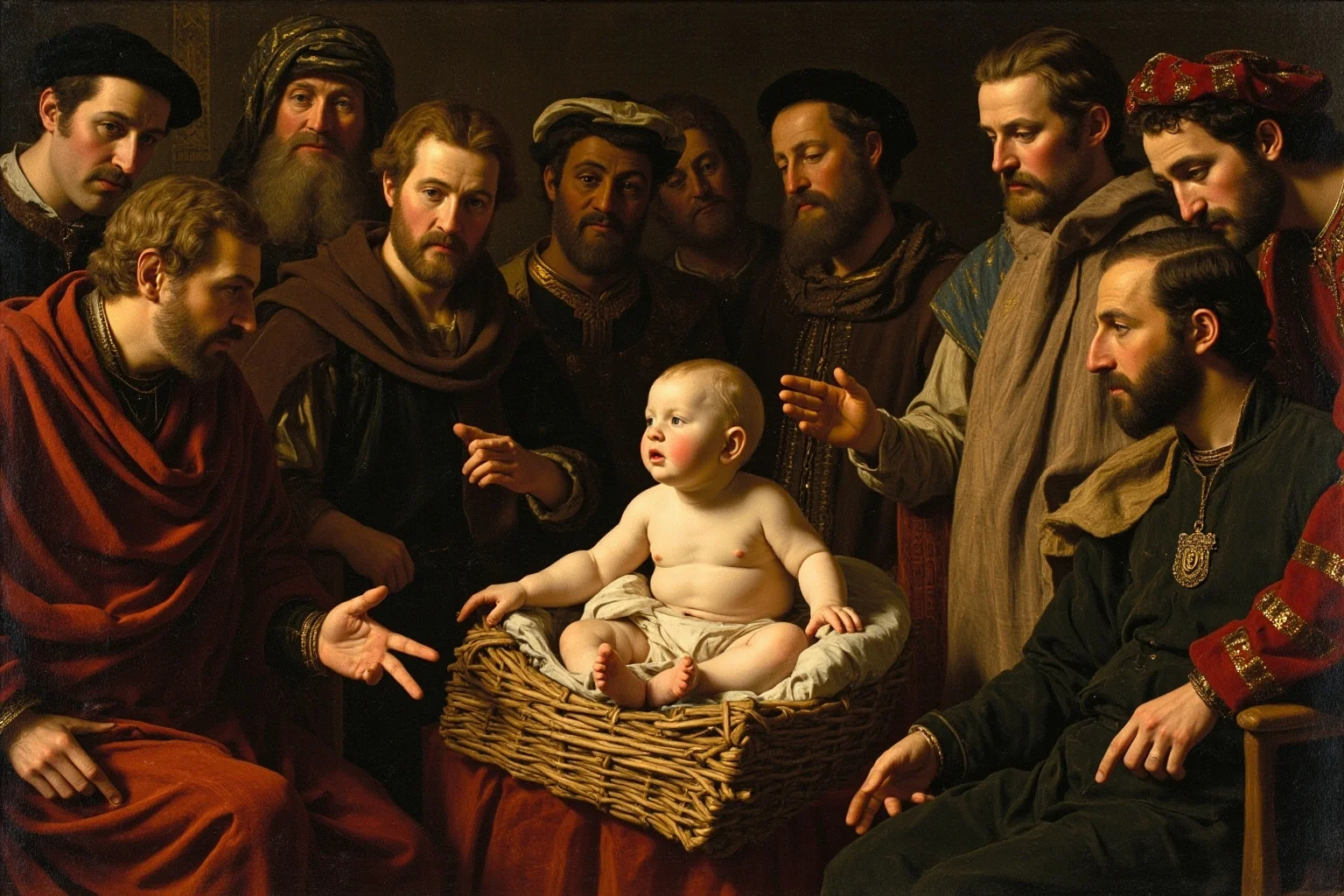 Medieval infant in royal cradle surrounded by nobles in discussion, suggesting a regency period
